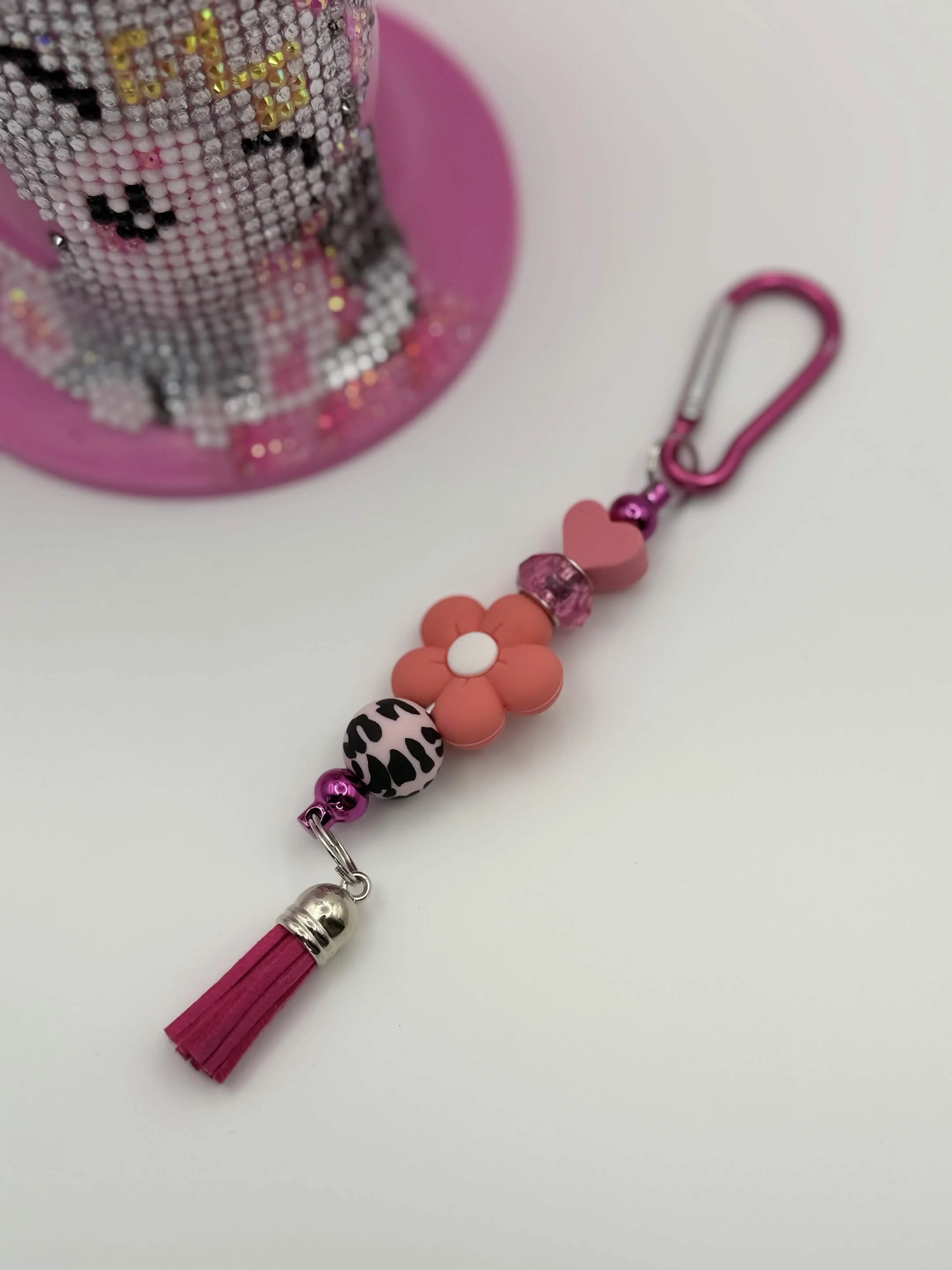 Pink Safari Keychain with Heart, Flower & Tassel | Cute Animal Print Accessory for Bags & Gifts