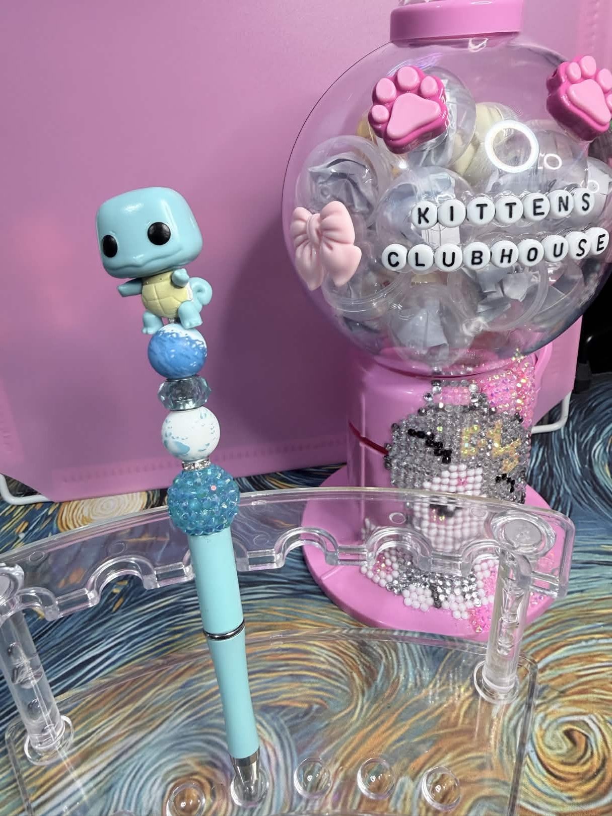 Squirtle Mini Funko Pop Refillable Beaded Pen • Handmade Bead Pen • Pokémon‑Inspired Stationery