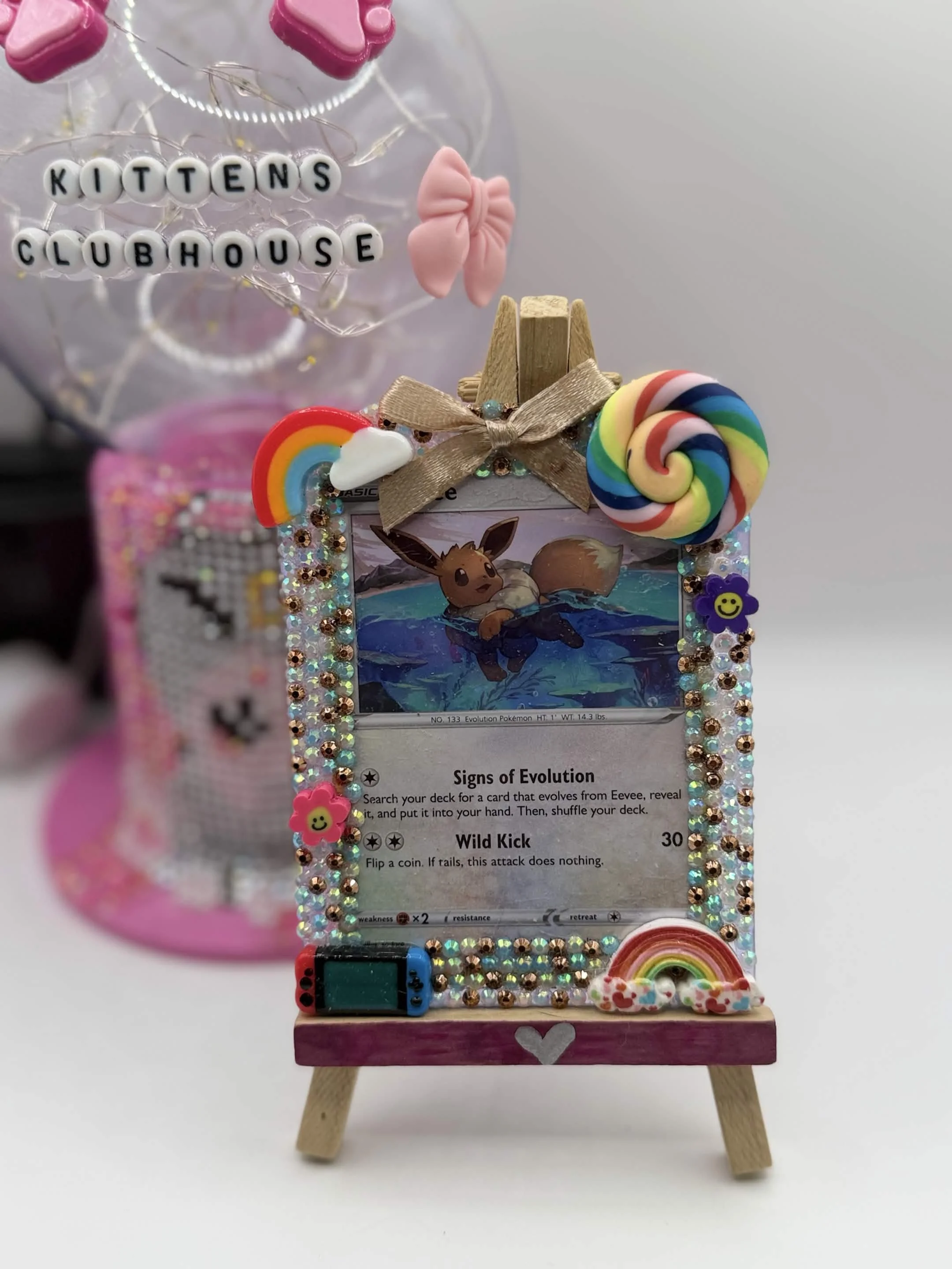 Bedazzled Eevee Pokémon Card Display – Handmade Top Loader Art