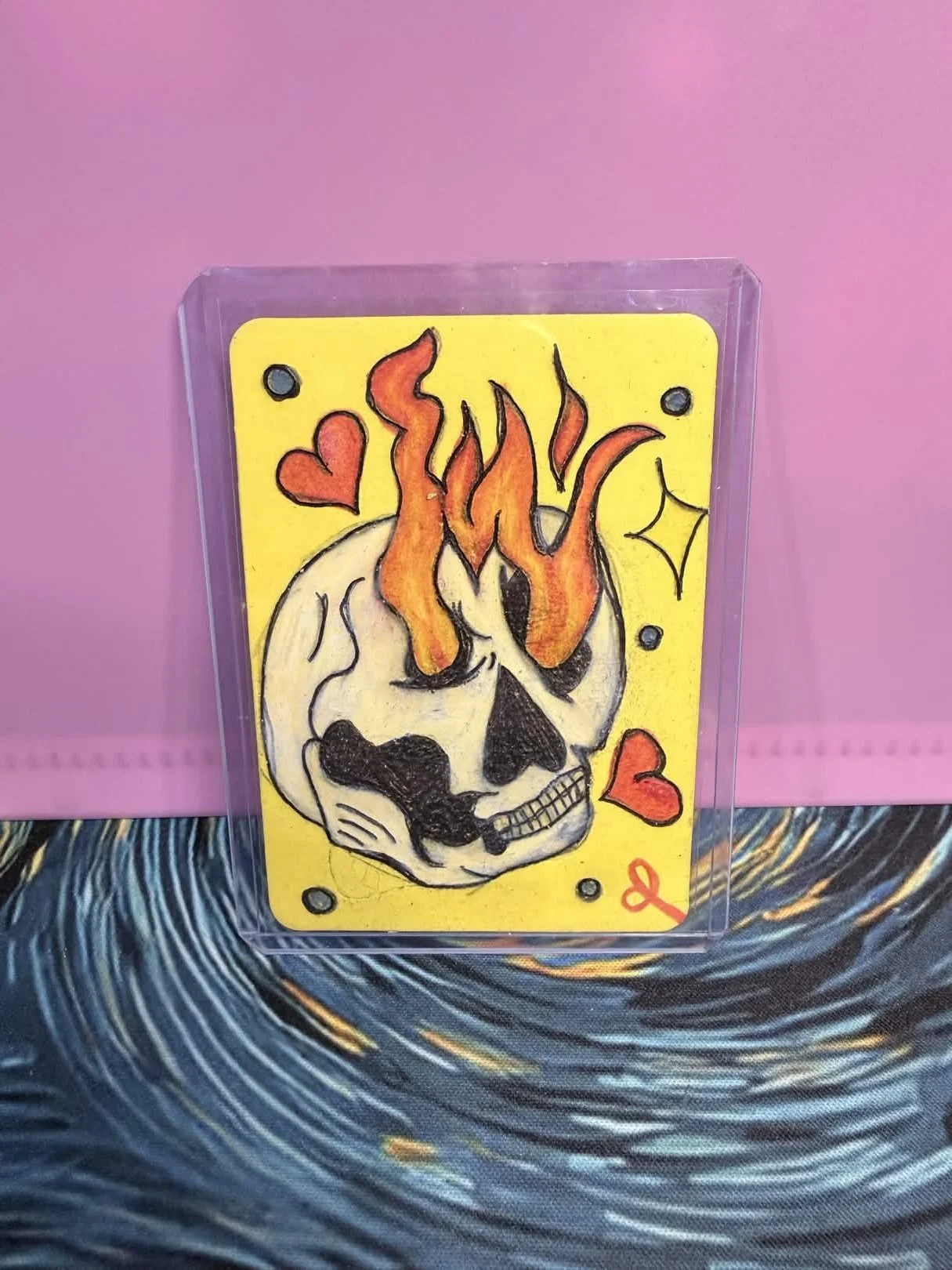 Flaming Skull Original ACEO • Colored Pencil & Ink Mini Art • 2.5" x 3.5" Collectible Art Card