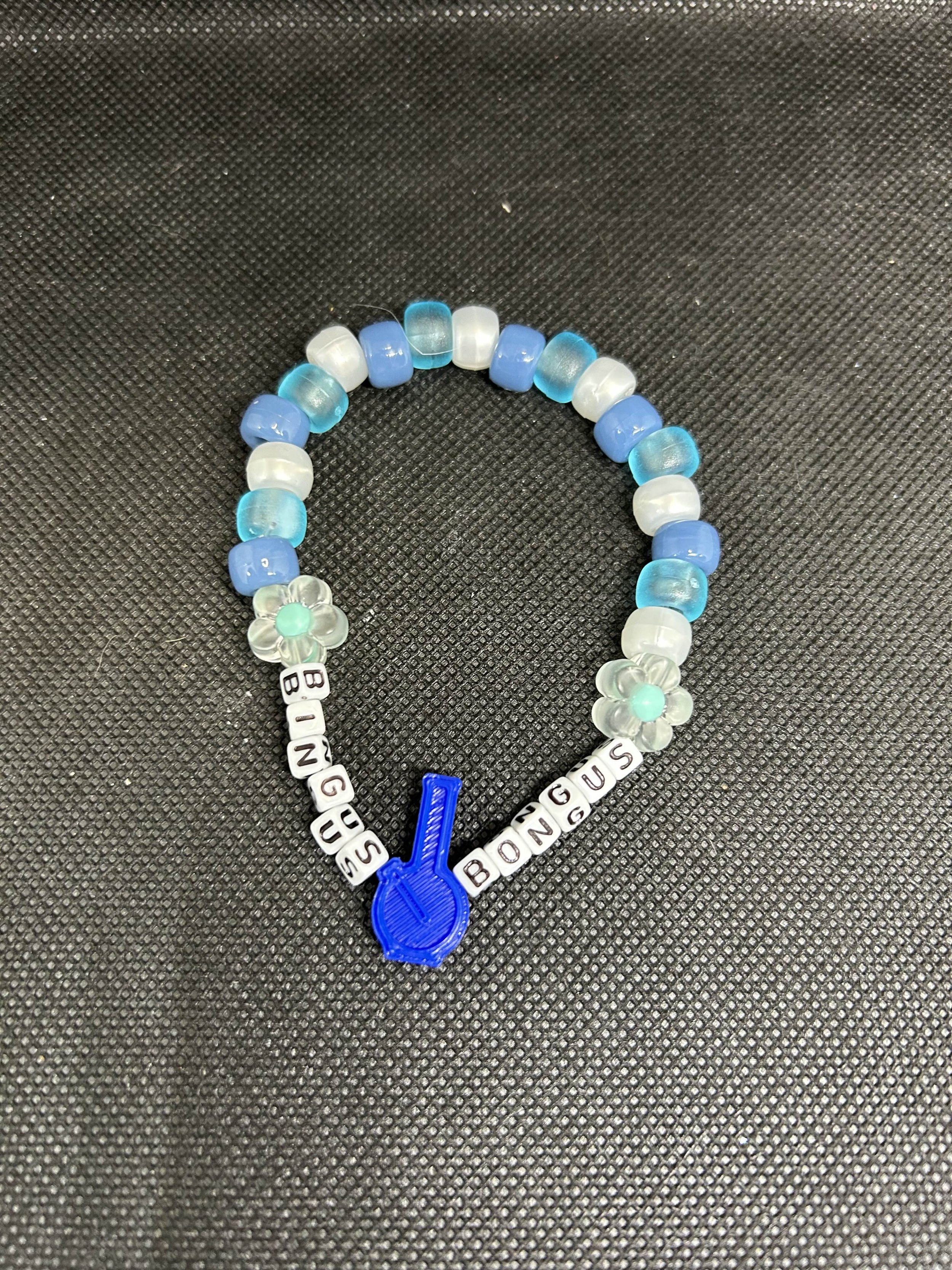 “BINGUS BONGUS” Kandi Bracelet | Stoner Rave Single with Blue Bong Charm & Flower Accents