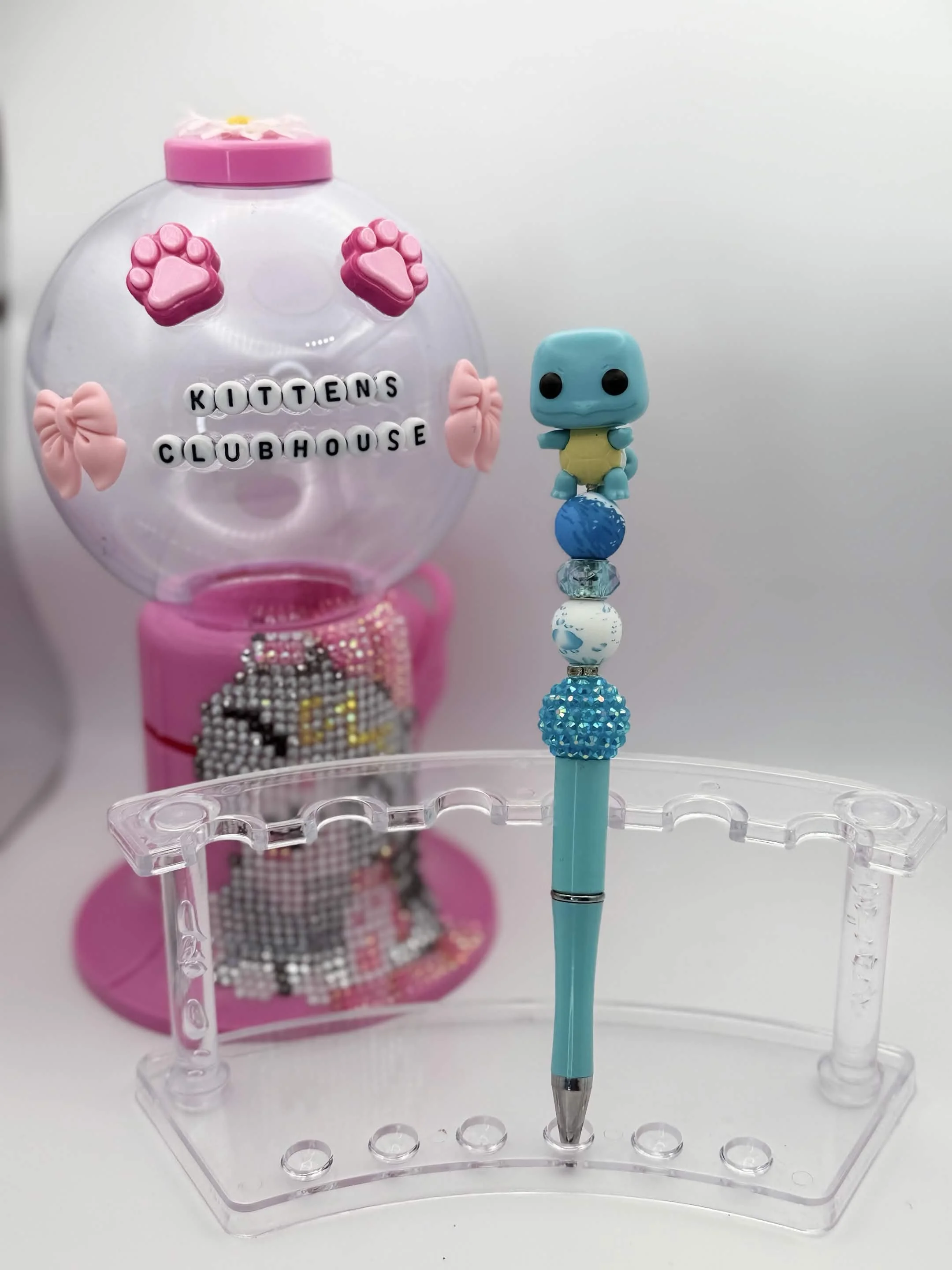 Squirtle Mini Funko Pop Refillable Beaded Pen • Handmade Bead Pen • Pokémon‑Inspired Stationery