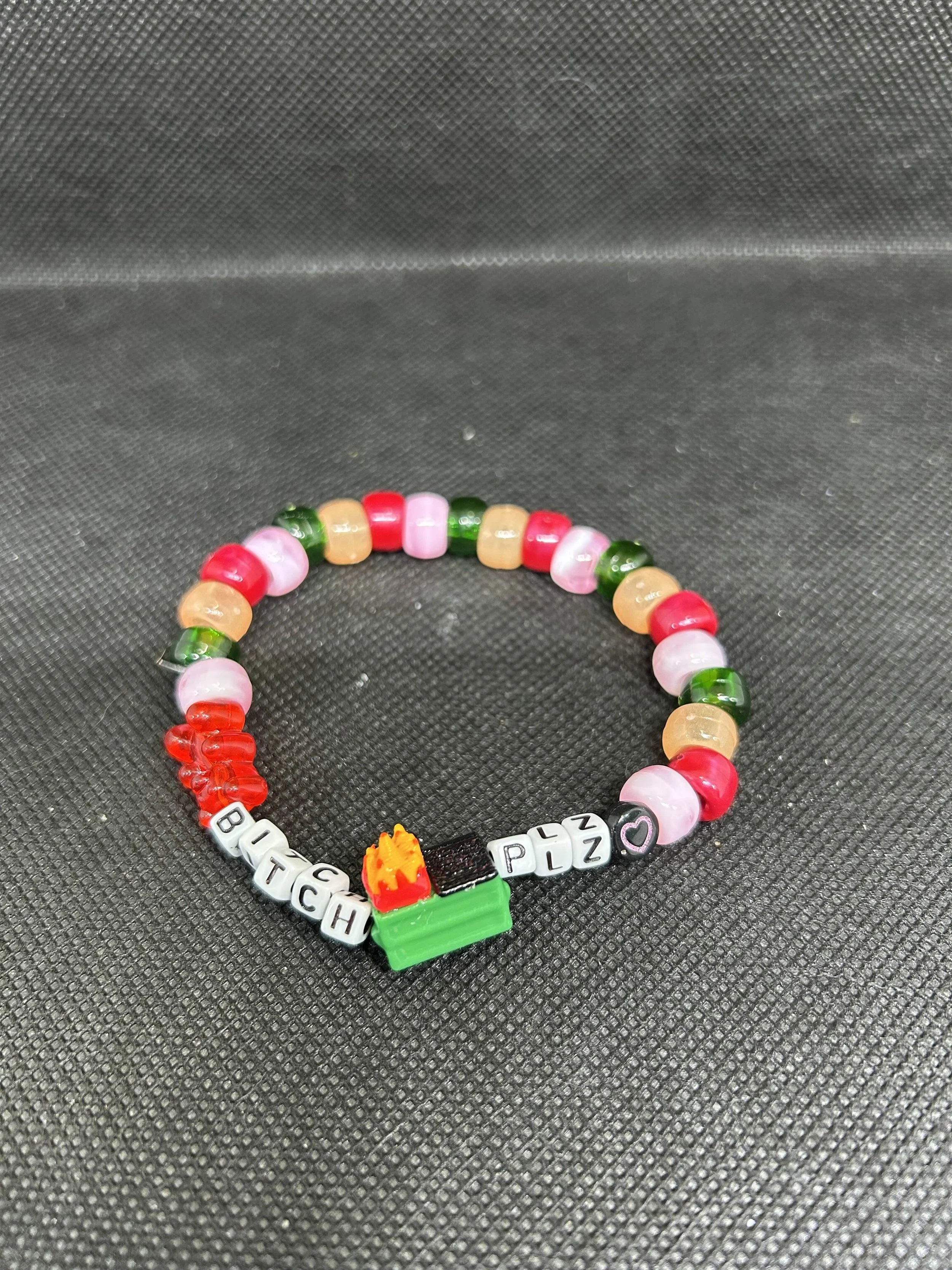 “BITCH PLZ” Dumpster Fire Kandi Bracelet | Red, Pink & Green Beaded Rave Single with Dumpster Charm