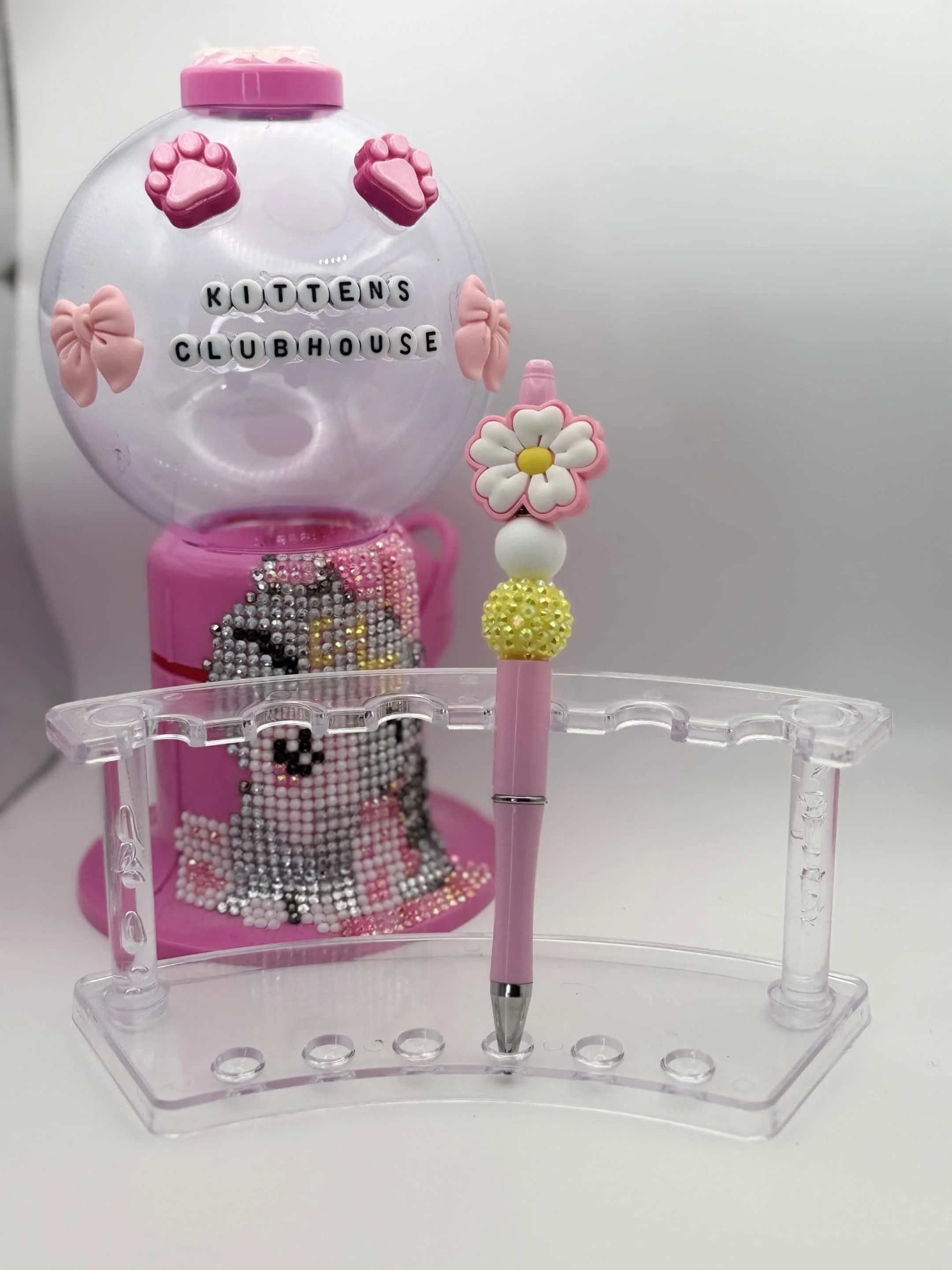 Pink Daisy Beaded Refillable Pen • Black Ink • Cute Desk Accessory