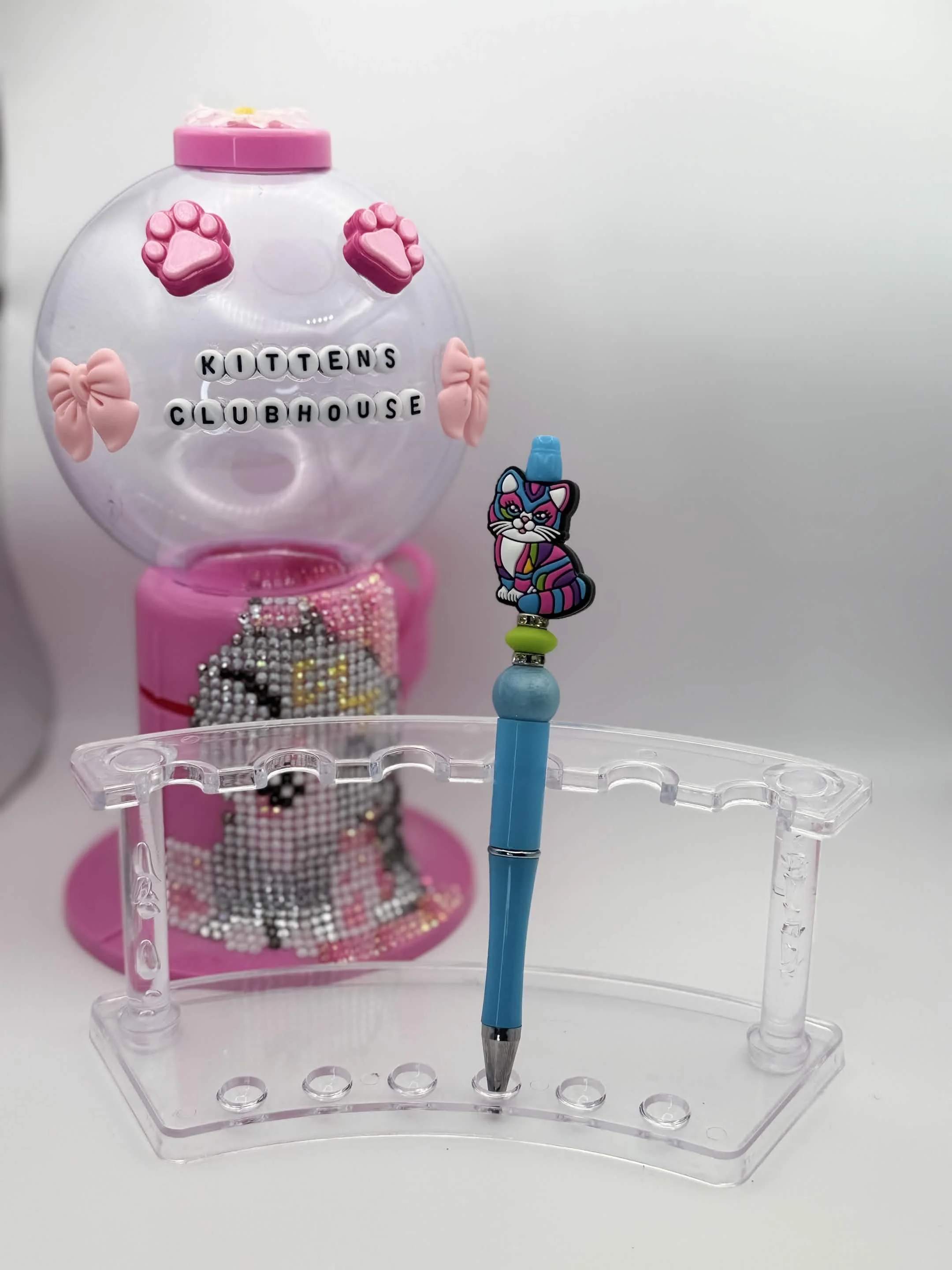 Blue Sparkly Rainbow Kitty Refillable Beaded Pen