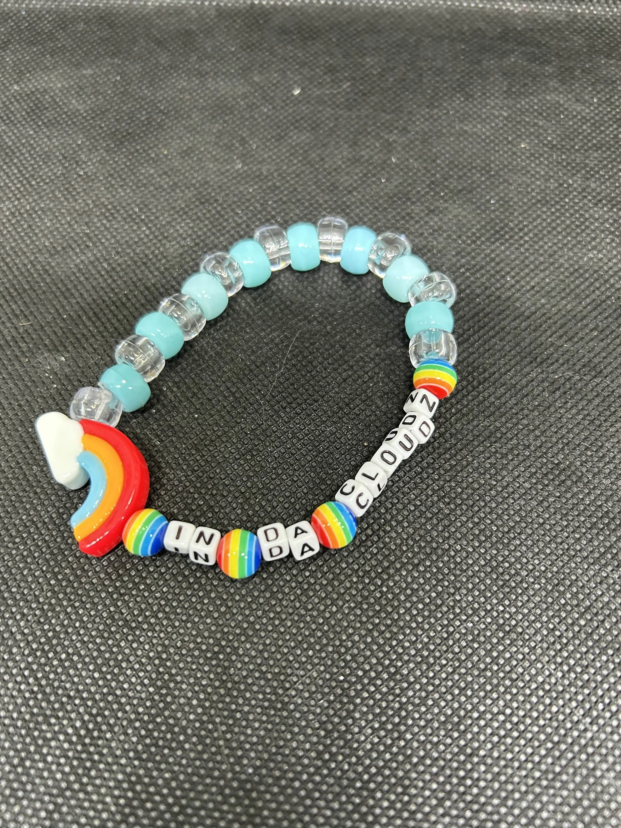 “IN DA CLOUDZ” Kandi Bracelet | Rainbow Cloud Charm Rave Single with Blue Beads & Striped Accents