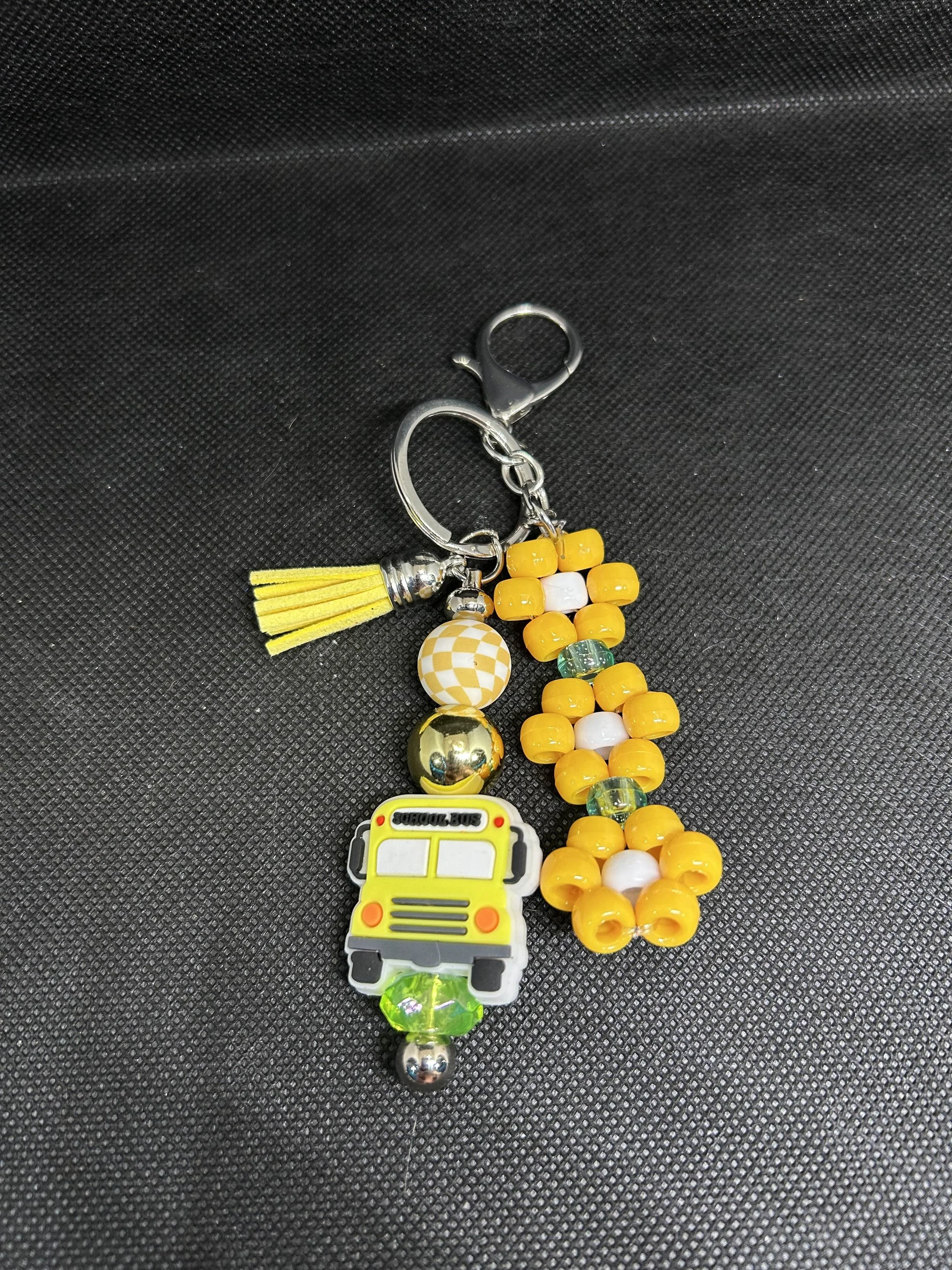 School Bus Keychain with Yellow Tassel & Floral Beads | Cute Teacher Gift & Bag Accessory