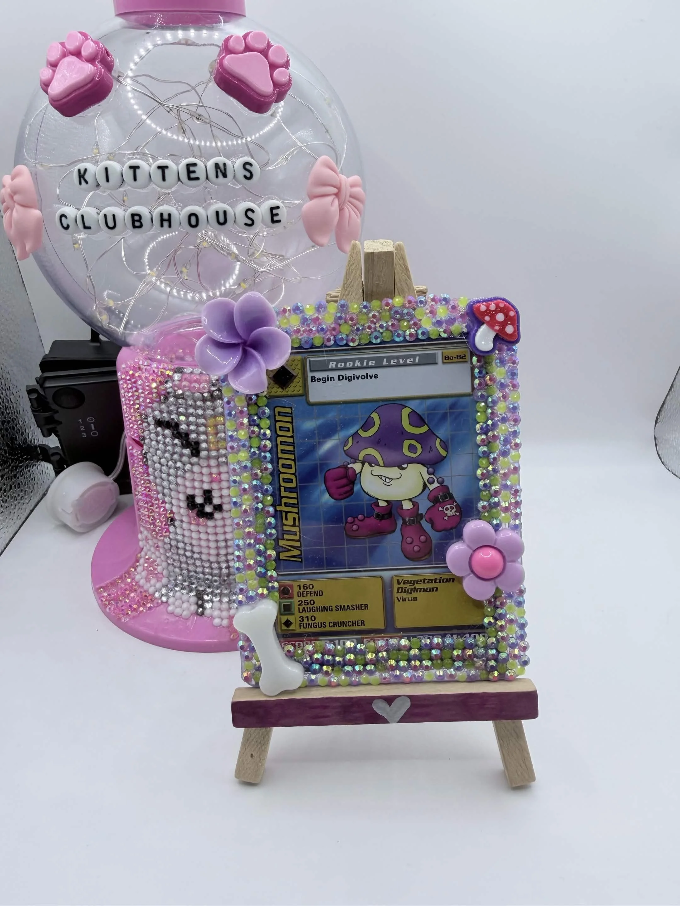 Bedazzled Mushroomon Digimon Card Display – Handmade Top Loader Art