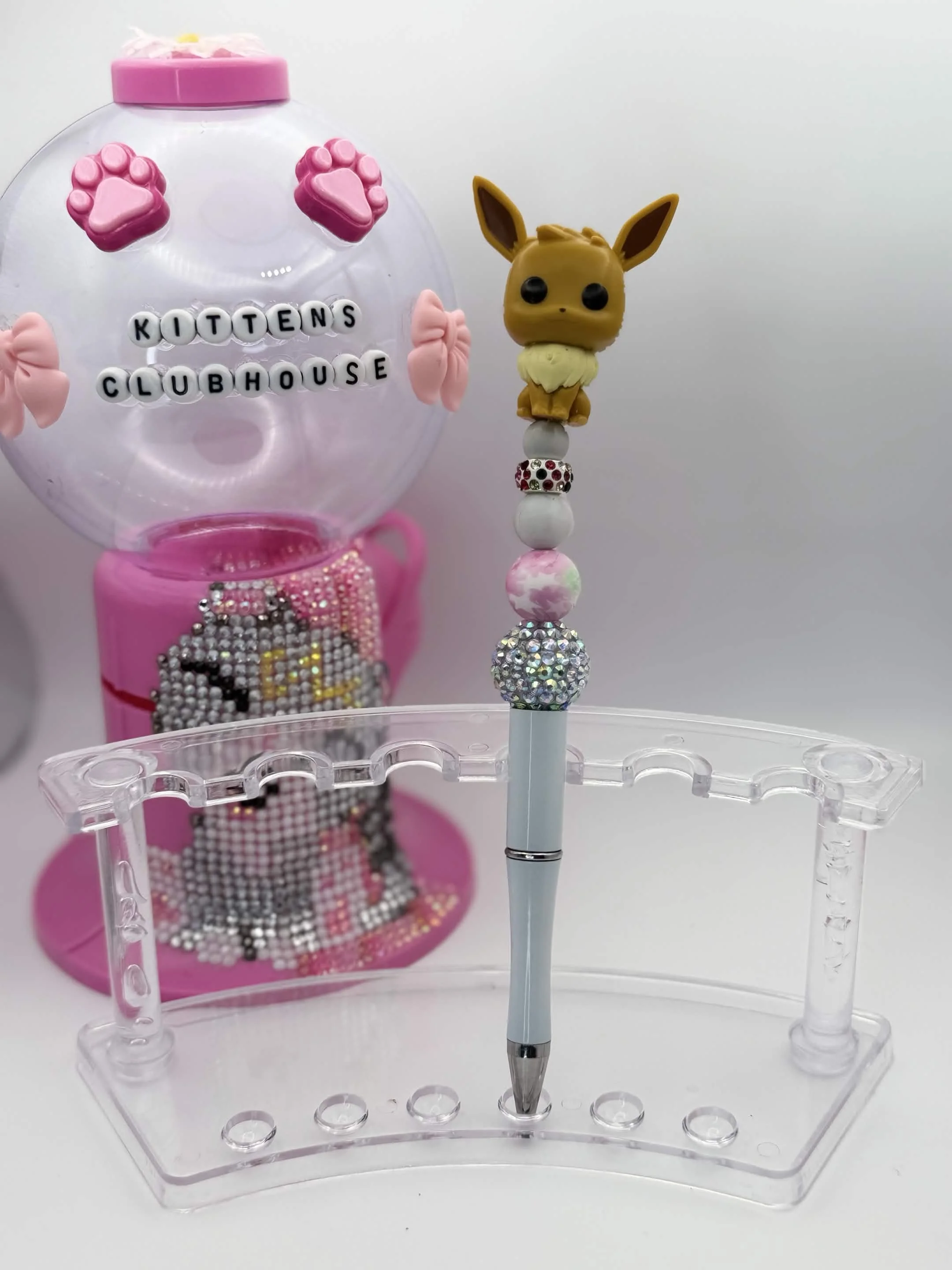 Sitting Eevee Mini Funko Pop Refillable Beaded Pen • Handmade Bead Pen • Pokémon‑Inspired Stationery