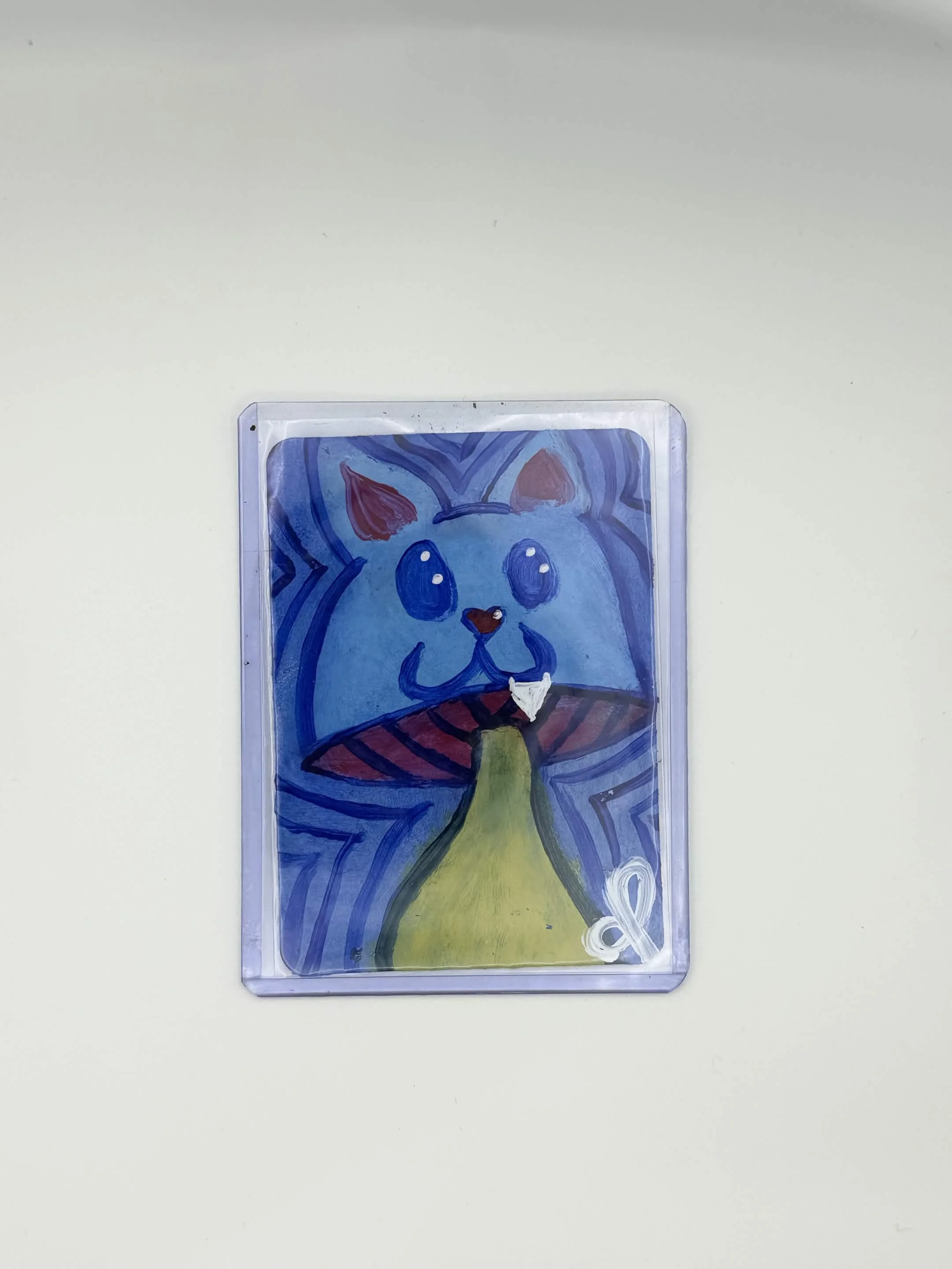 Blue Cat Mushroom Original ACEO • Acrylic Mini Painting • 2.5" x 3.5" Collectible Art Card