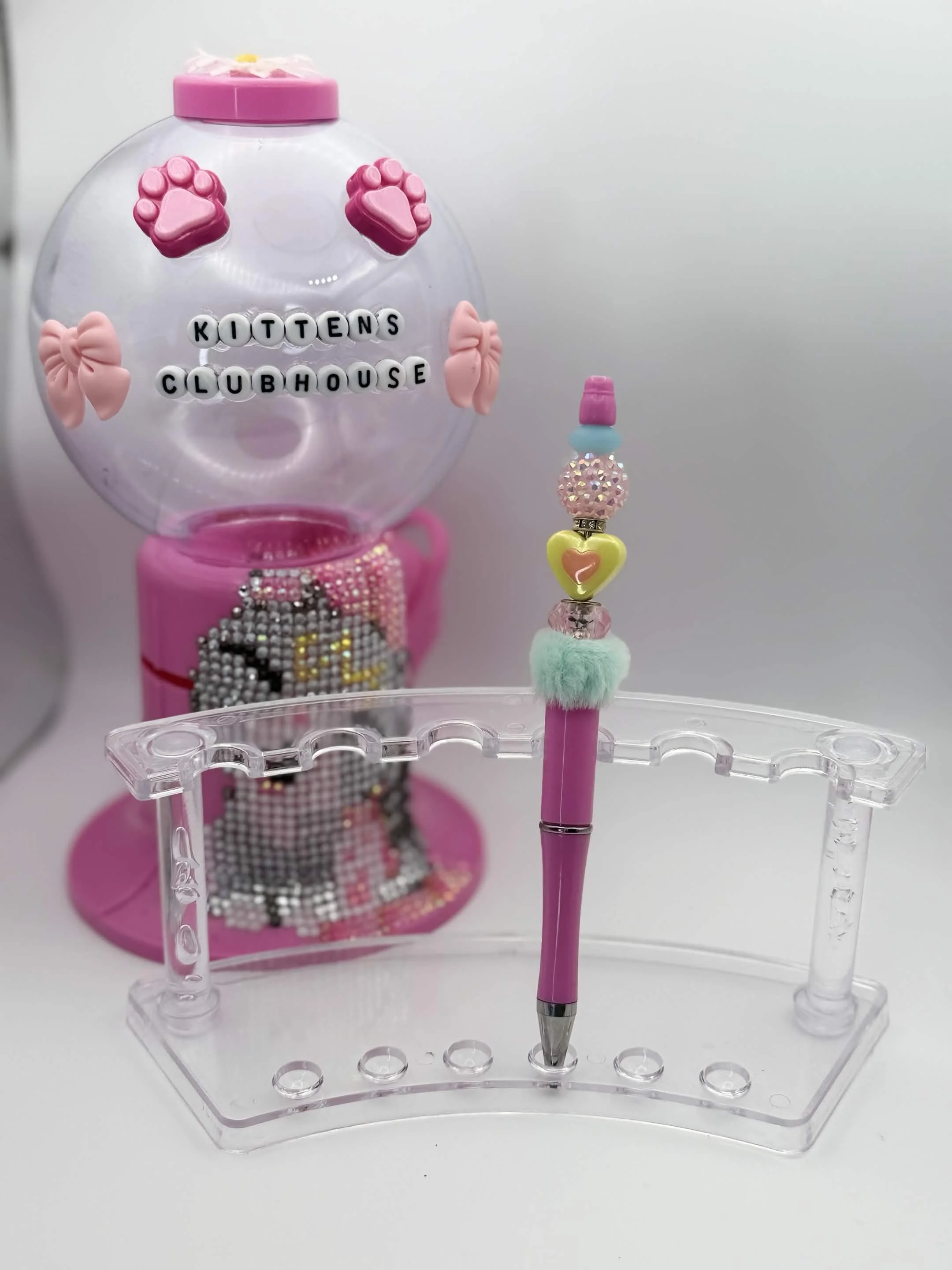 Pink & Yellow Fuzzy Heart Beaded Refillable Pen