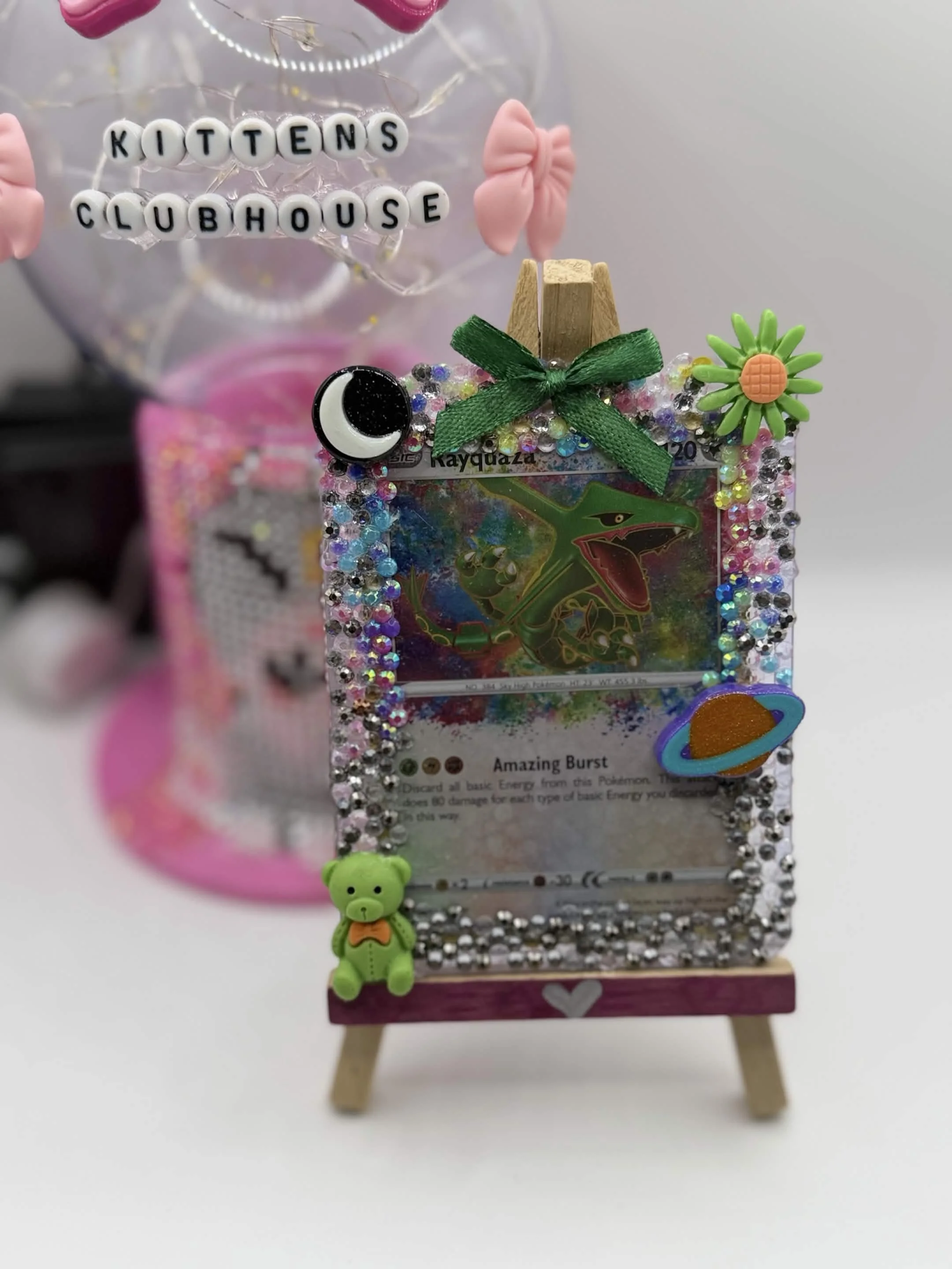 Bedazzled Rayquaza Pokémon Card Display – Handmade Amazing Rare Top Loader Art