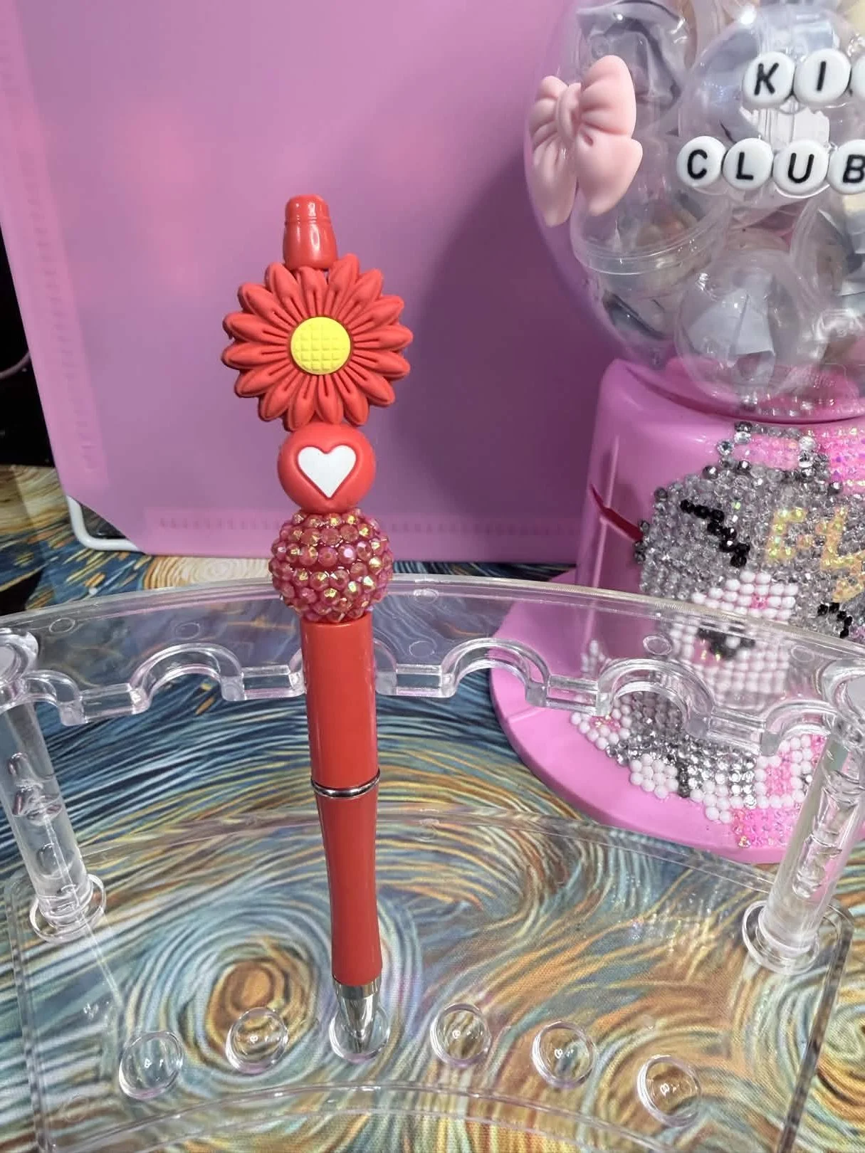 Red Flower Heart Beaded Refillable Pen – Black Ink Included