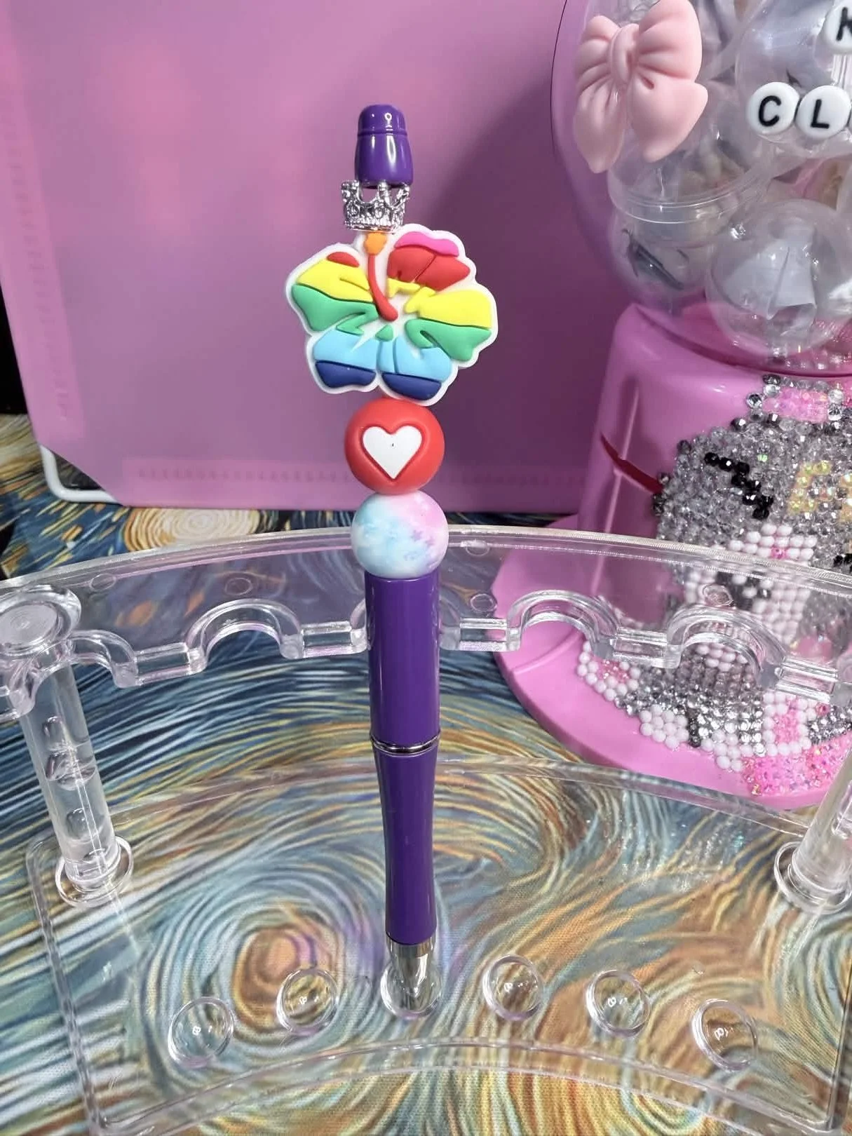 Rainbow Hibiscus Flower Topper Refillable Beaded Pen • Handmade Bead Pen • Colorful Aesthetic Stationery