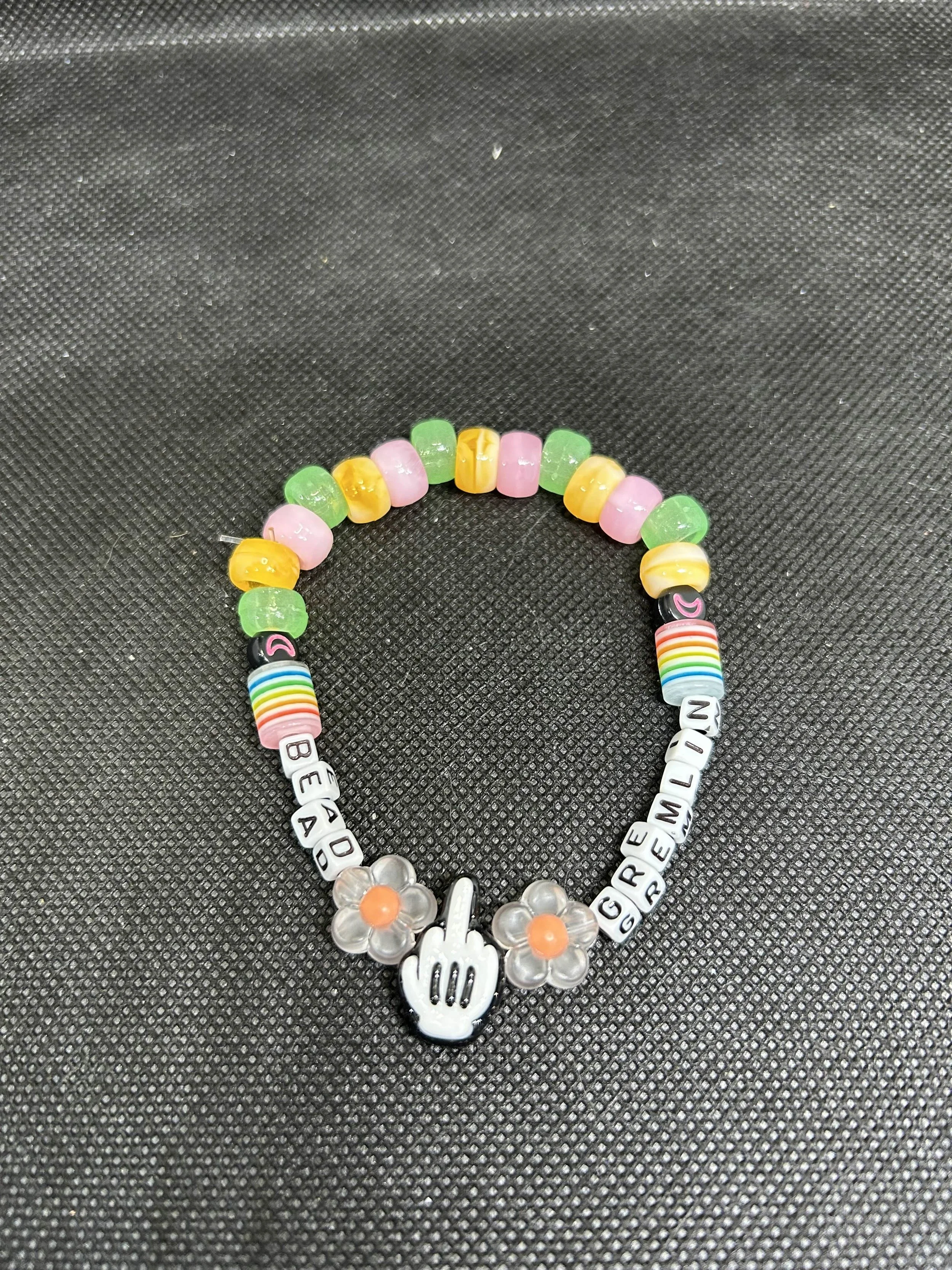 “BEAD GREMLIN” Kandi Bracelet | Rainbow Rave Single with Middle Finger Charm & Flower Accents