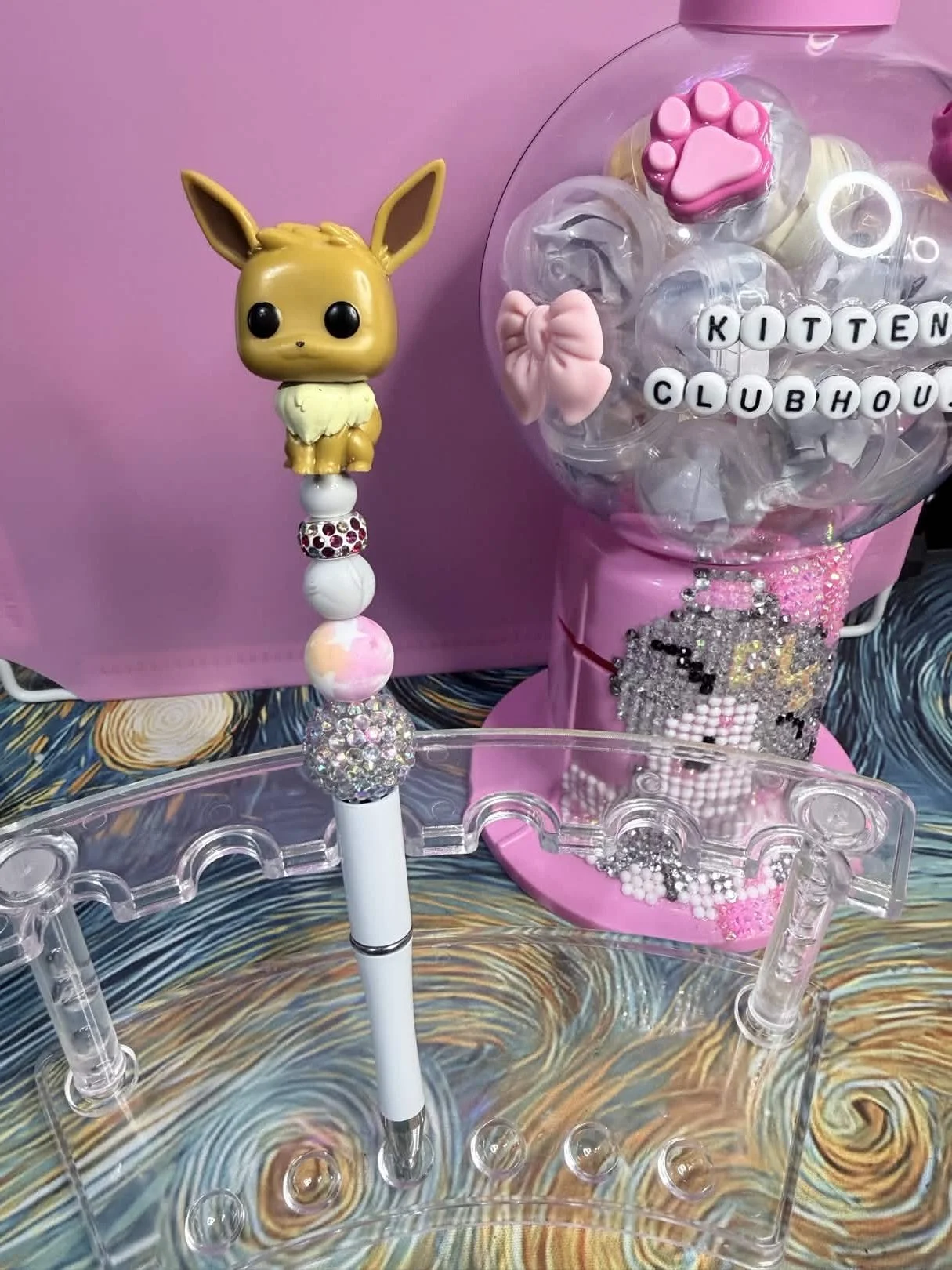 Sitting Eevee Mini Funko Pop Refillable Beaded Pen • Handmade Bead Pen • Pokémon‑Inspired Stationery