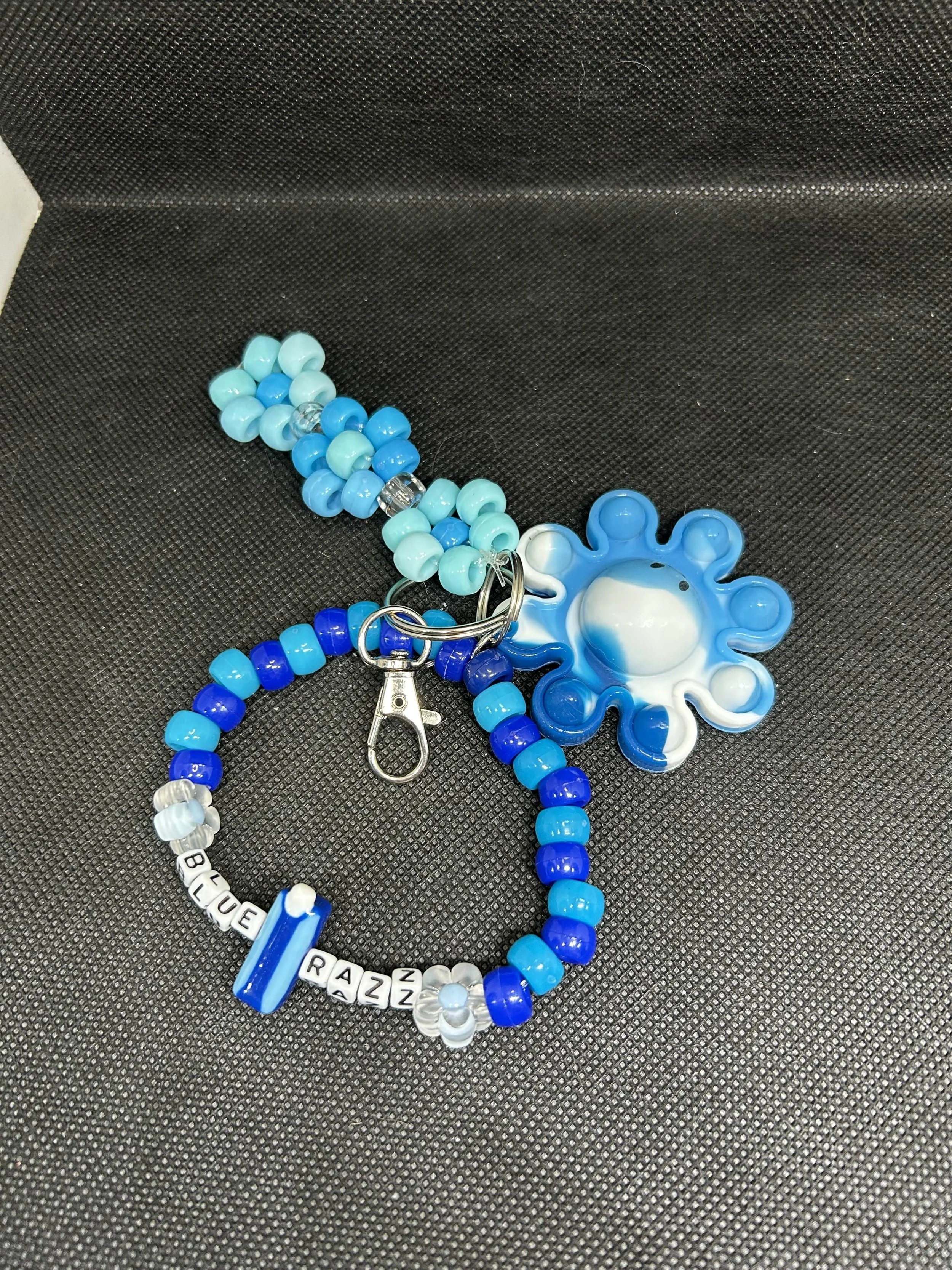 “BLUE RAZZ” Octopus Keychain | Blue & White Beaded Accessory with Woven Detail for Bags & Gifts