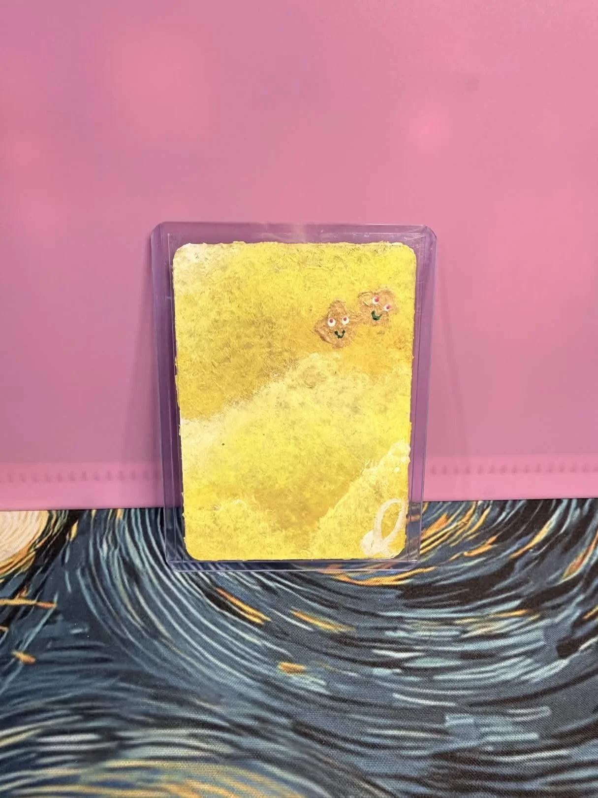 Yellow Cloudscape Mini Art with Star Character Faces Original ACEO • Acrylic on Cardstock • 2.5" x 3.5"