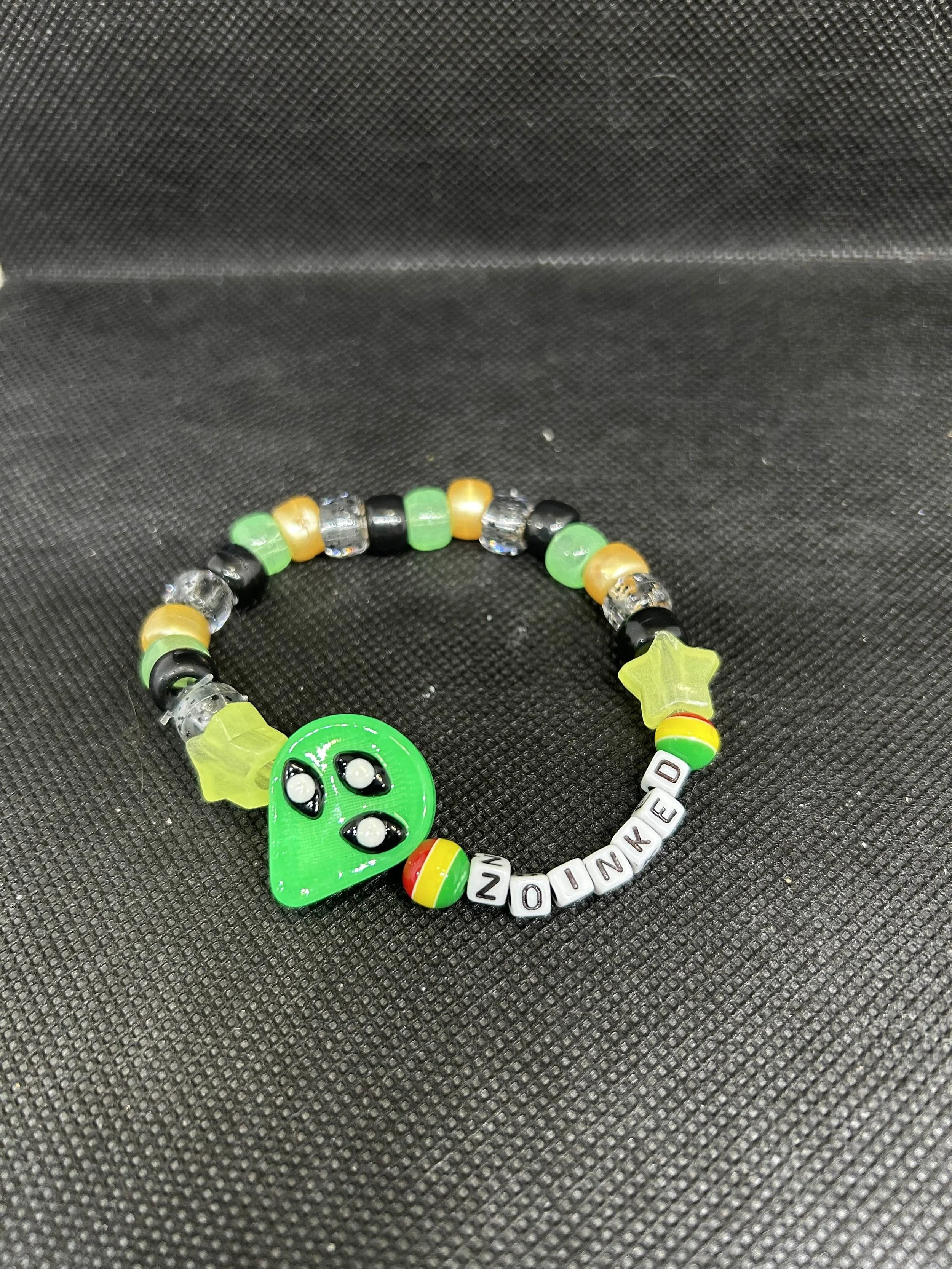 “ZOINKED” Kandi Bracelet | Green Alien Charm Rave Single with Star Beads & Cosmic Colors