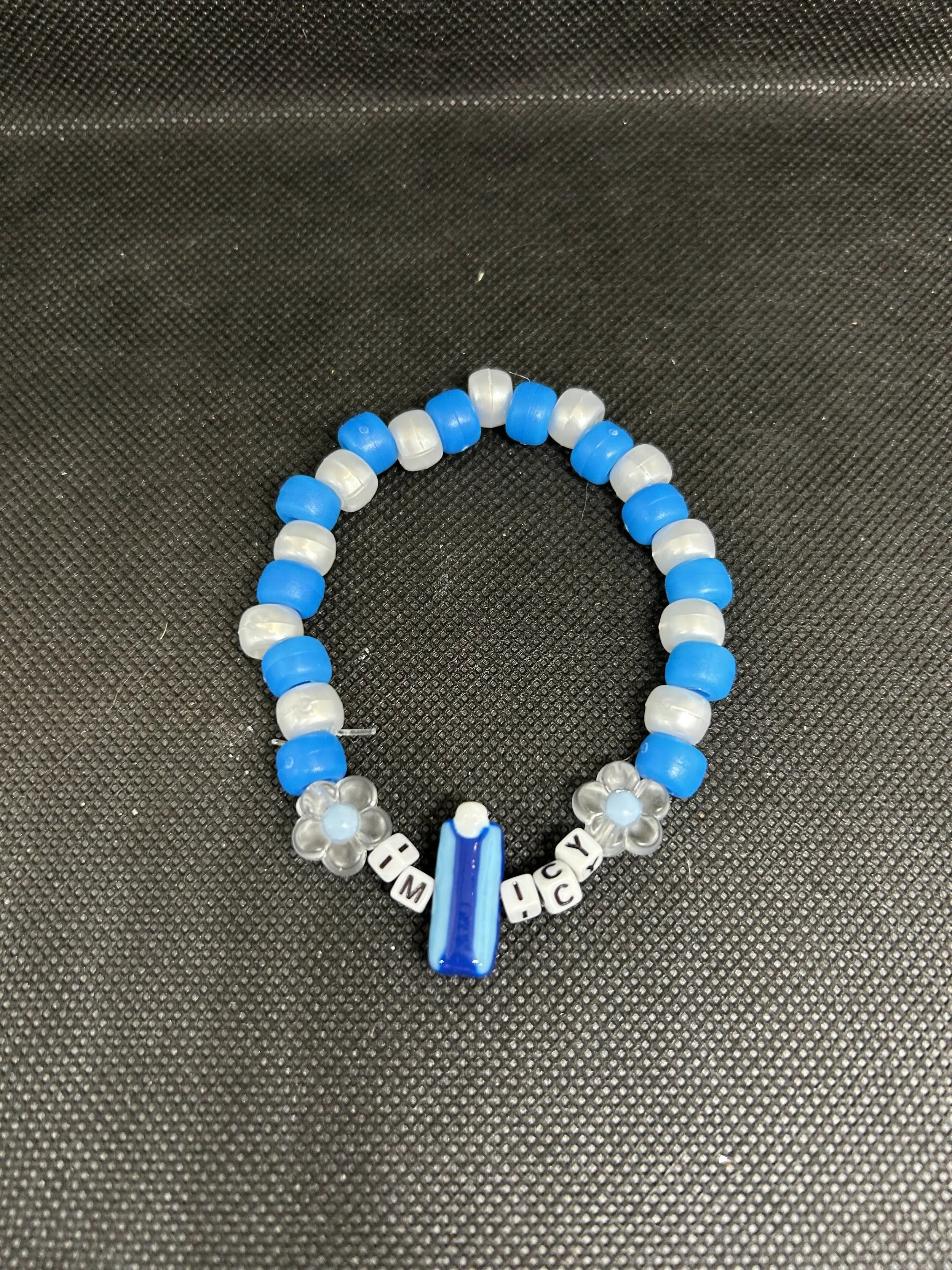 “IM ICY” Kandi Bracelet | Blue & White Beaded Rave Single with Flower Clusters & Accent Bead