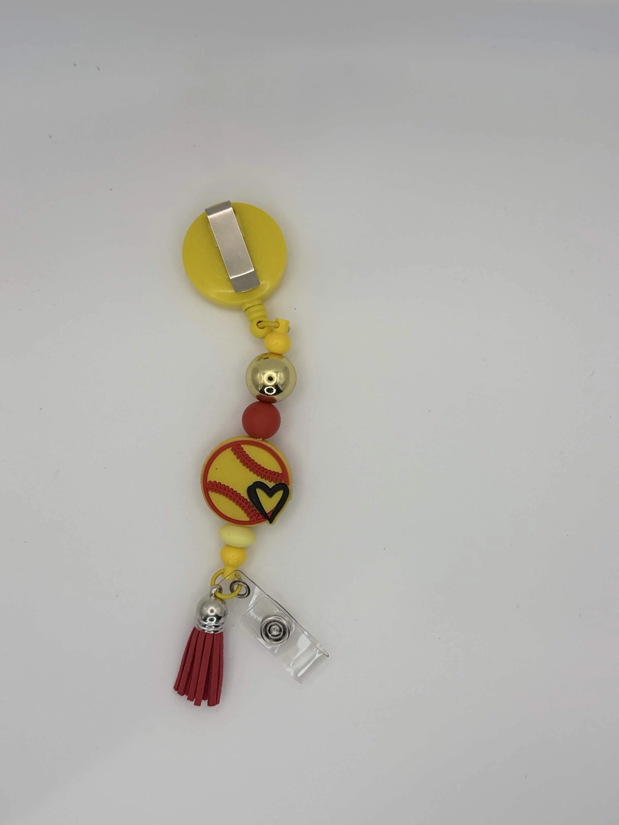 Softball Heart Badge Reel | Yellow ID Holder with Red Tassel