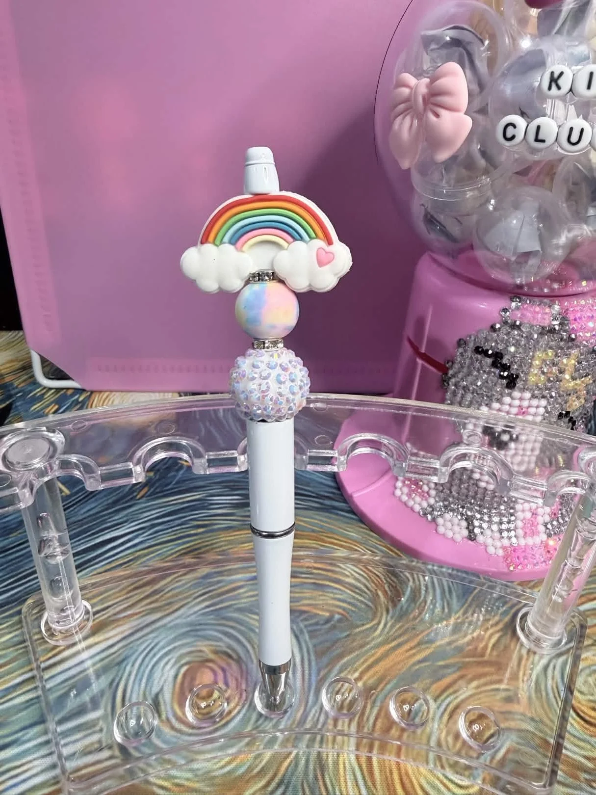 Rainbow Cloud Beaded Refillable Pen • Black Ink Refill • Cute Desk Accessory