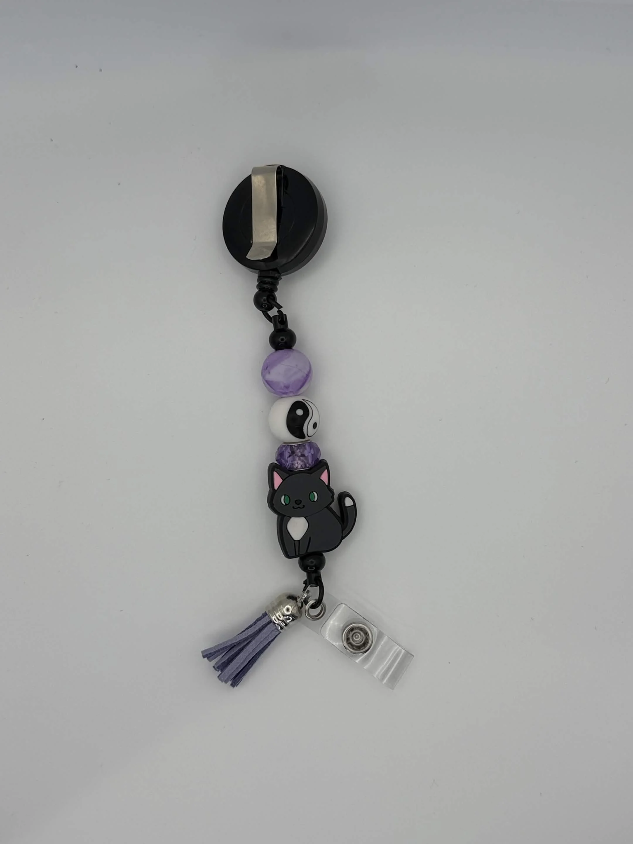 Yin-Yang Cat Badge Reel with Purple Tassel | Cute & Functional ID Holder