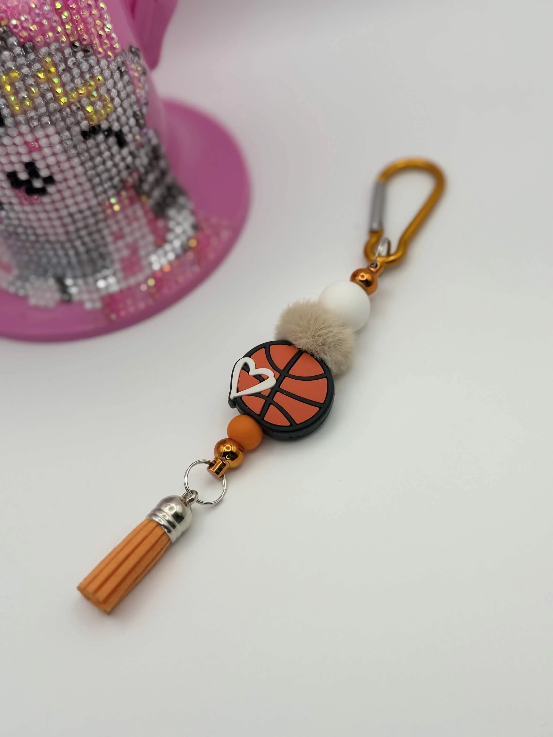 Basketball Heart Keychain | Sports Fan Accessory with Pom-Pom & Tassel