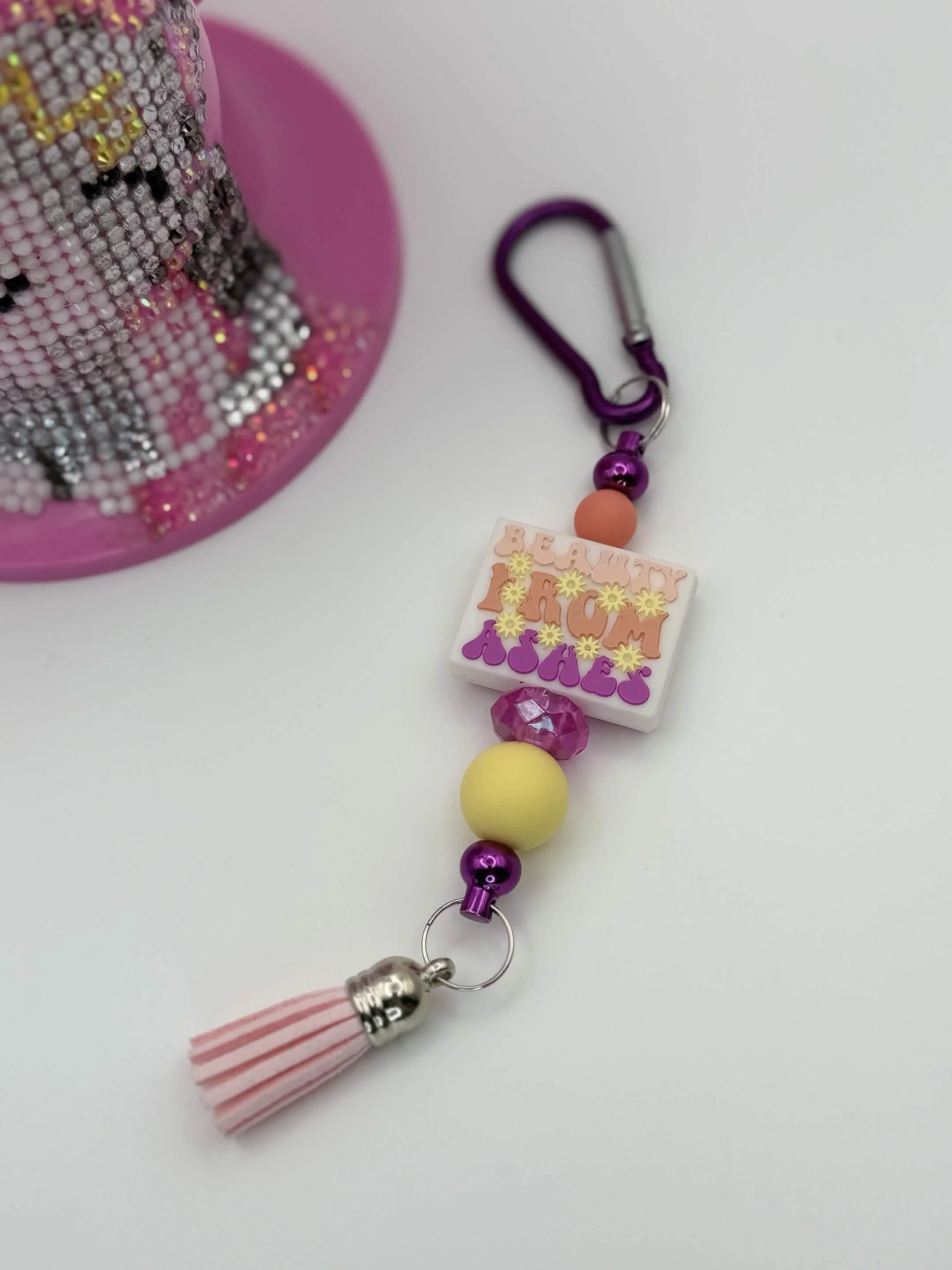 “Beauty From Ashes” Keychain | Inspirational Bag Clip with Tassel & Beads