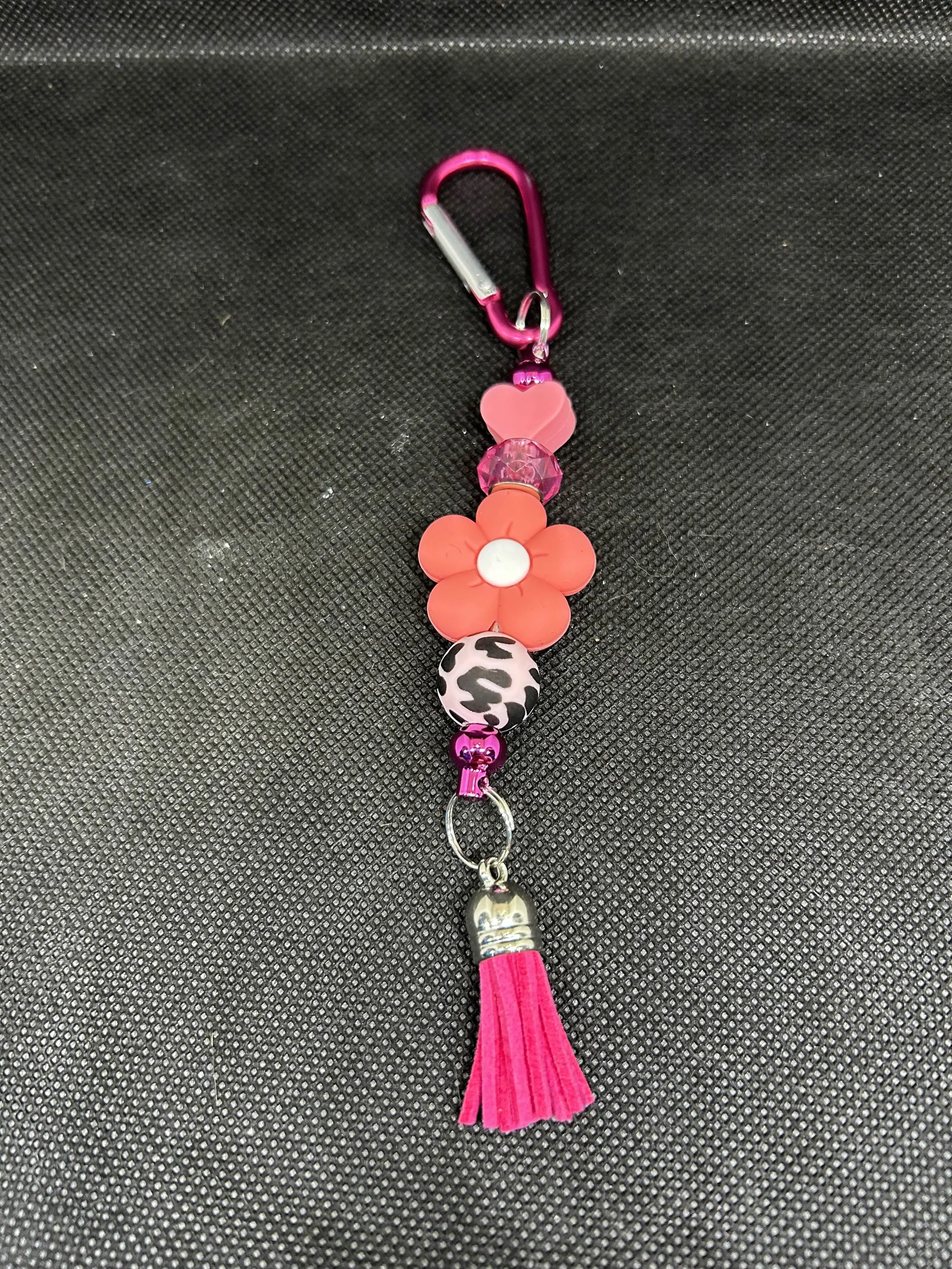 Pink Safari Keychain with Heart, Flower & Tassel | Cute Animal Print Accessory for Bags & Gifts