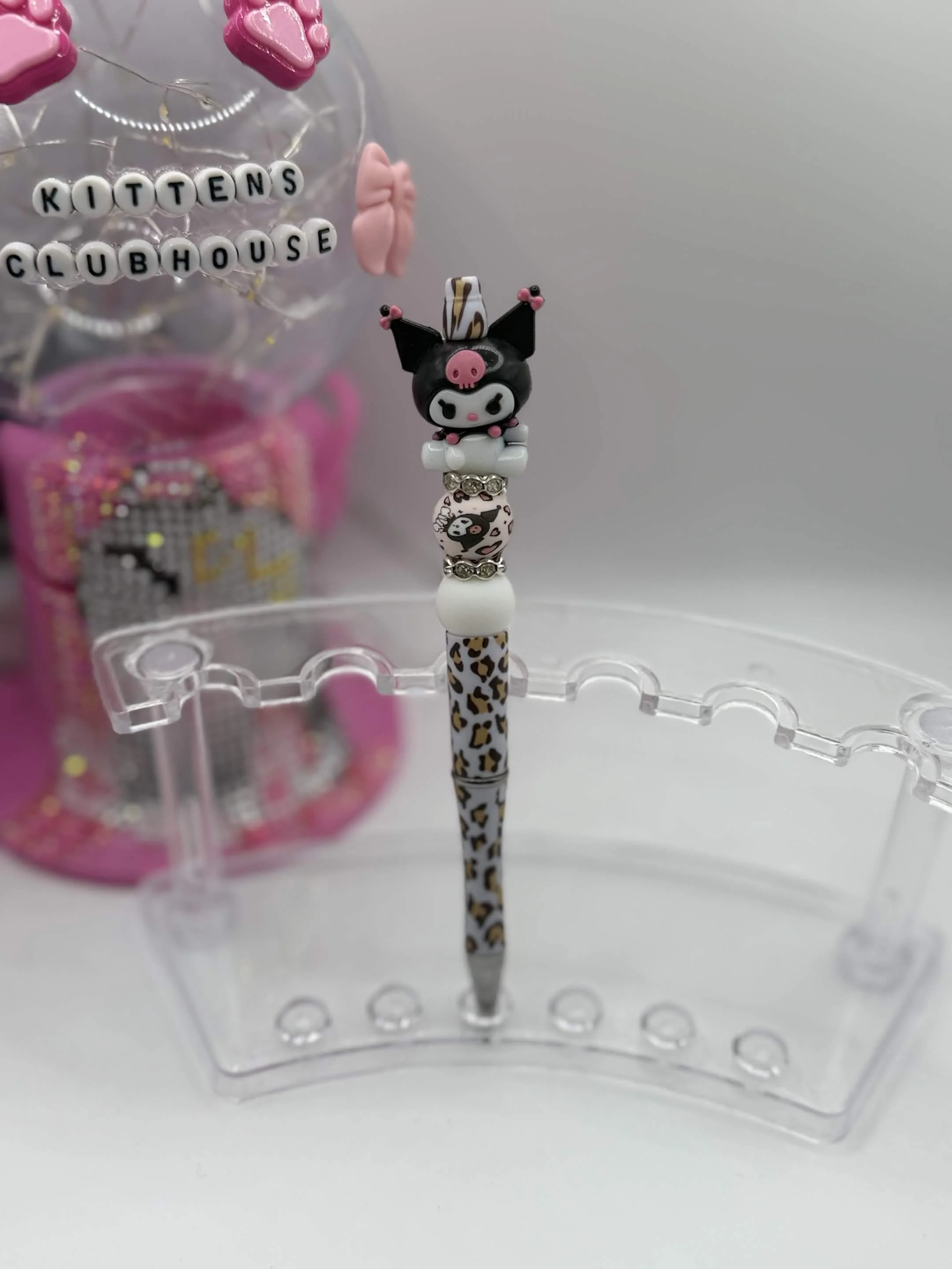 Kuromi Leopard Print Beaded Refillable Pen – Handmade Sanrio Stationery