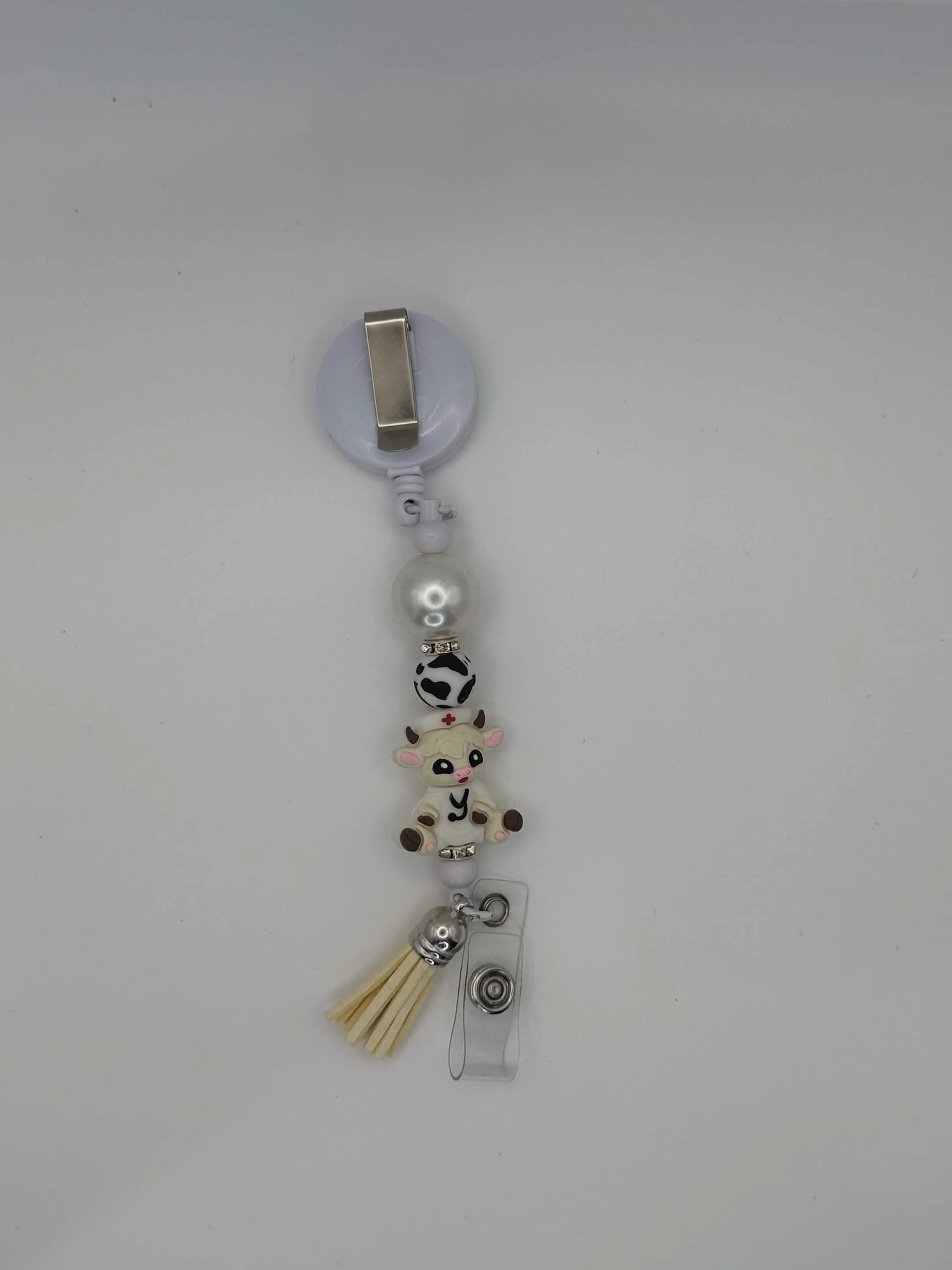 Cow Nurse Badge Reel | Cute Medical ID Holder with Tassel