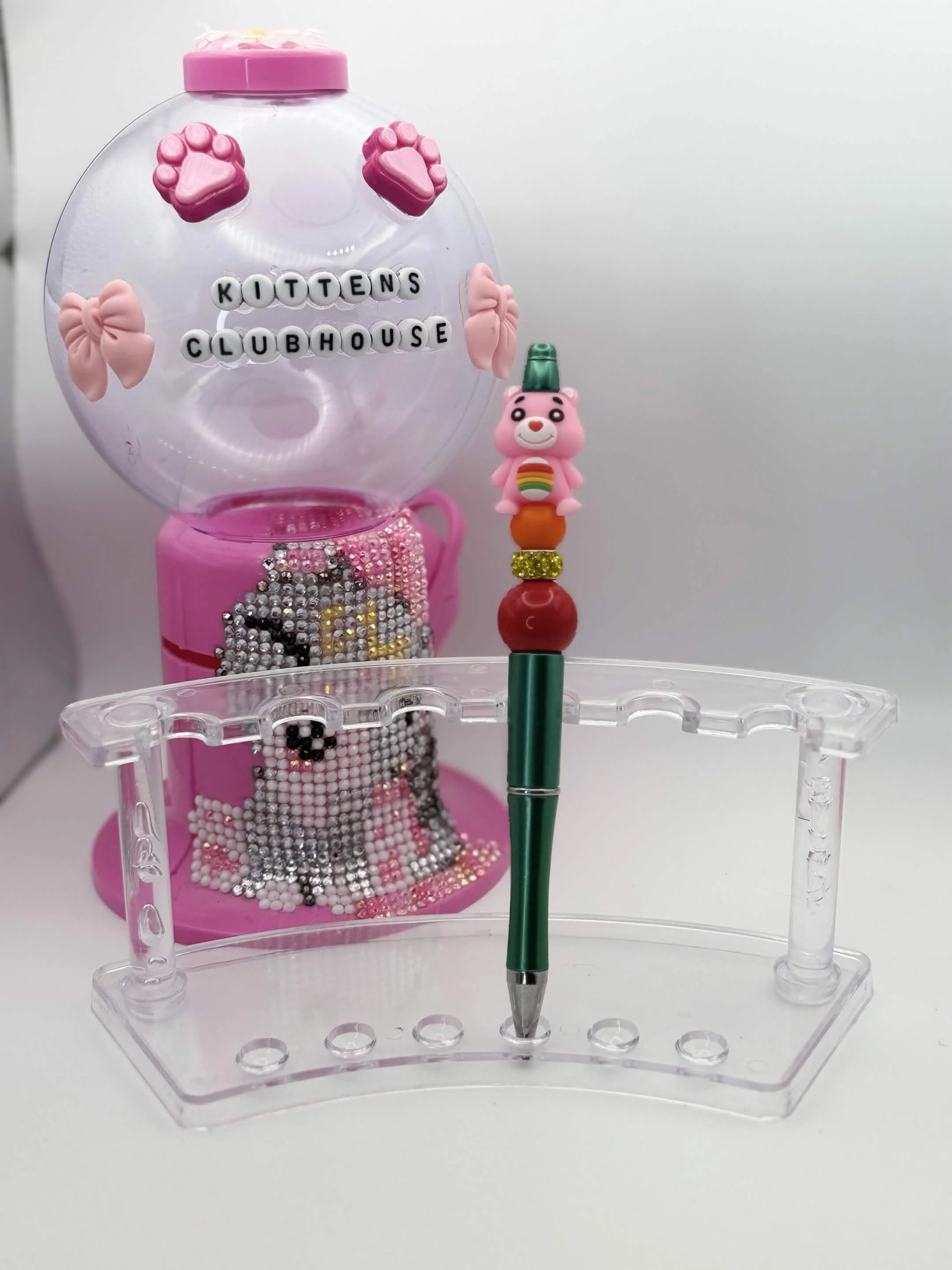 Green Rainbow Teddy Bear Refillable Beaded Pen