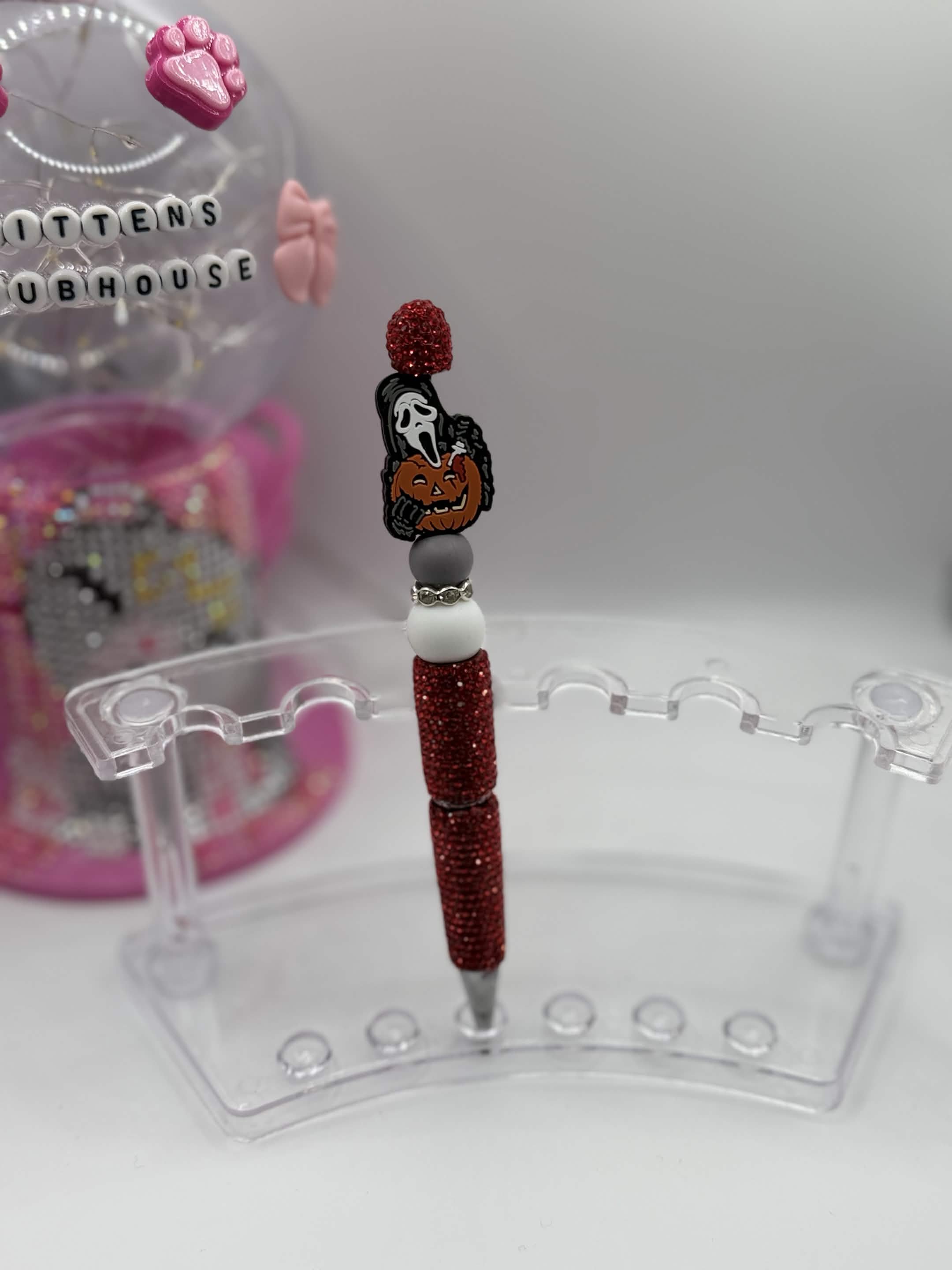 Halloween Beaded Refillable Bling Pen – Handmade Sparkly Ghost & Pumpkin Design