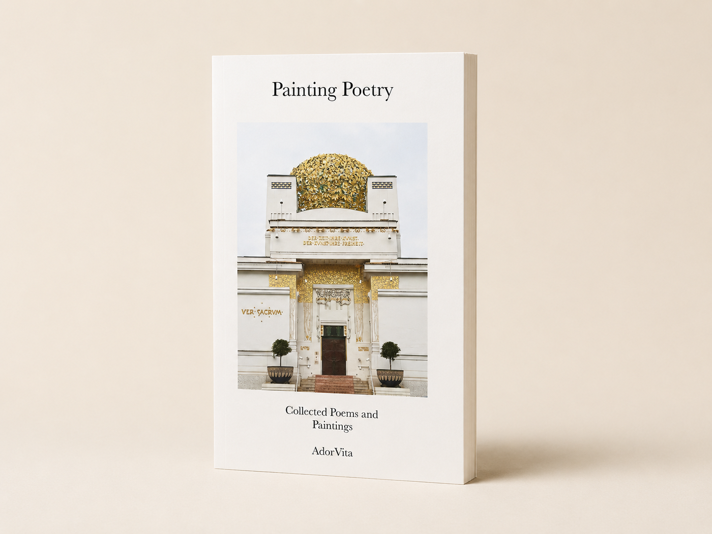 Softcover mockup of Painting Poetry by AdorVita, featuring the Vienna Secession building on an ivory cover.