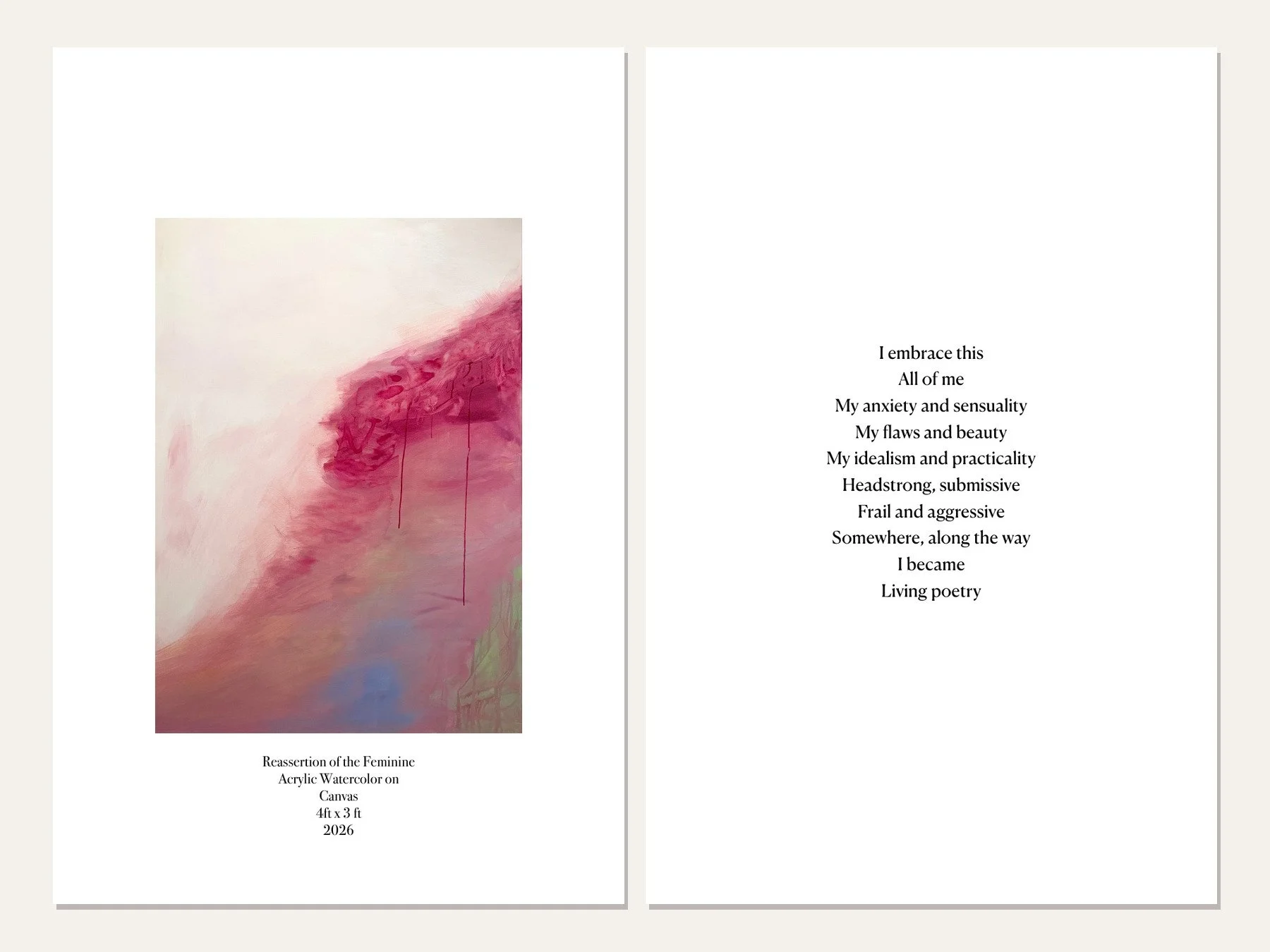 Book spread pairing the poem Living Poetry with the abstract painting Reclamation of the Feminine