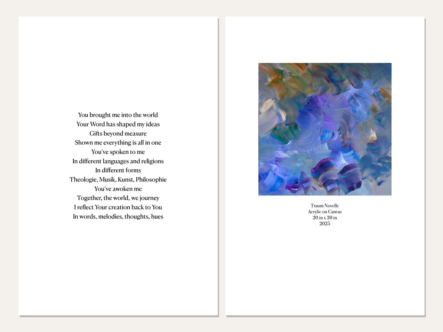 Book spread pairing a poem about faith and art with the blue abstract painting Traum Novelle