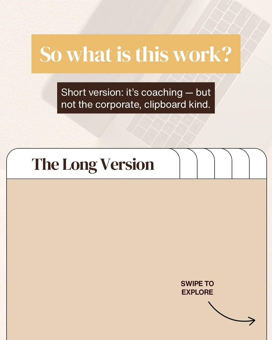 So what is this work?

It&rsquo;s coaching &mdash; but not the corporate kind.
No performance plan, no buzzwords, no pretending.

Just honest conversation and gentle-but-powerful steps to help you remember who the hell you are &mdash; and what you ac