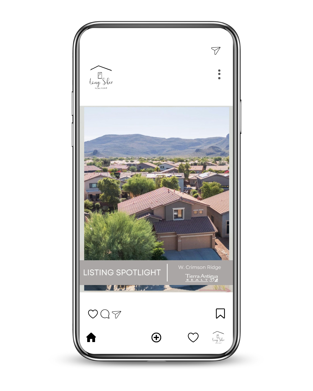 Smartphone screen showing a real estate listing for a house in Tierra Antigua, with a background of houses, trees, and mountains.