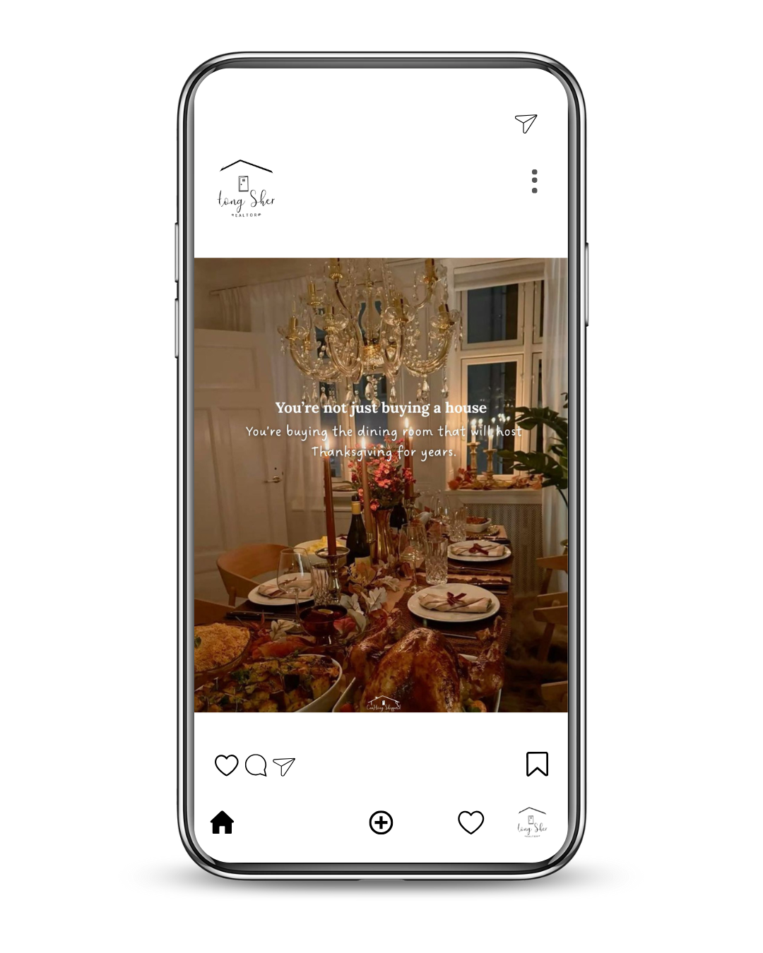 Instagram post showing a decorated dining room with a chandelier, table set with plates and glasses, and a quote about buying a house and hosting Thanksgiving.
