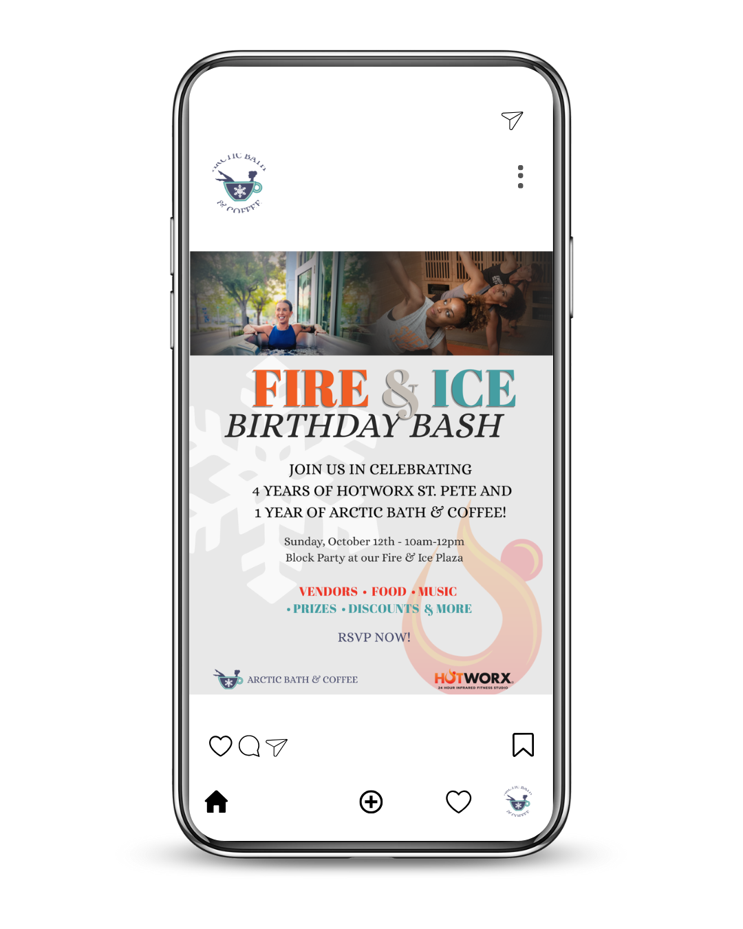 Social media post advertising a 'Fire & Ice Birthday Bash' event with images of happy people in a spa and fitness setting, event details, dates, and location at Arctic Bath & Coffee.