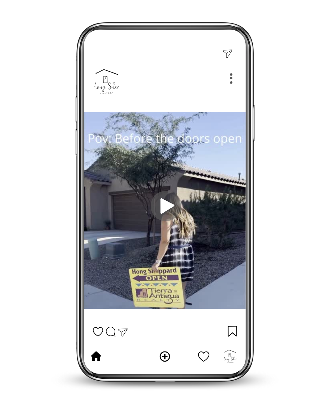 Instagram screenshot showing a woman walking outside a house with a yellow for-sale sign that reads "Hong Sheppard OPEN Tierra Antigua Realty." The screen displays the text "POV: Before the doors open." The profile name is "Teng Sher Realtor."