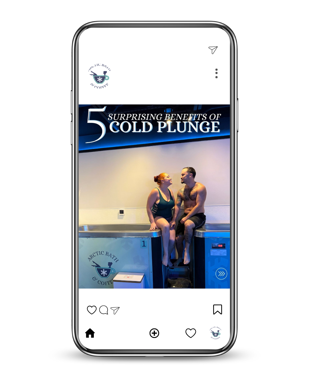 Smartphone screen displaying an Instagram post about the benefits of cold plunge, with a photo of a man and woman sitting in an arctic bath, smiling and talking.