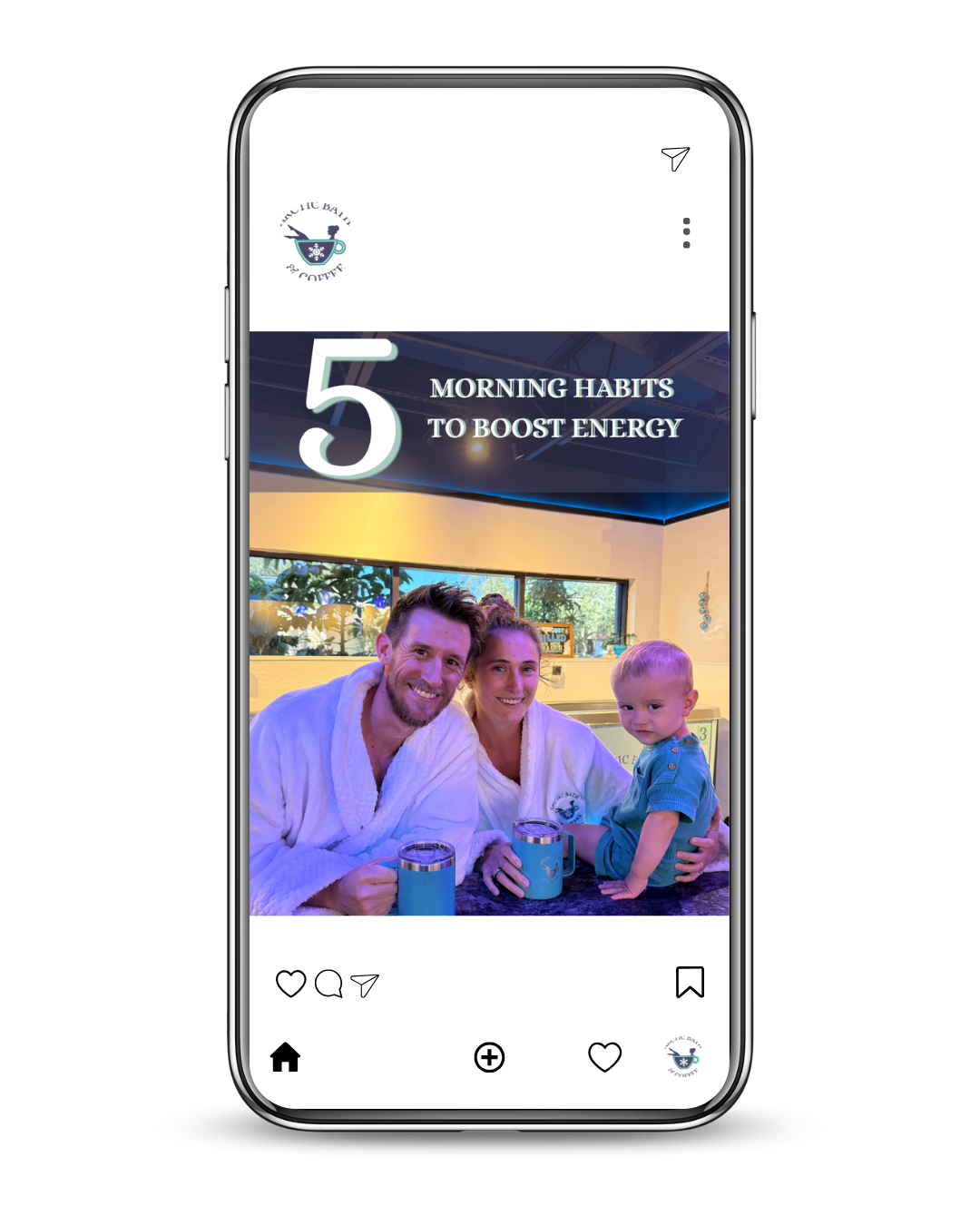 Instagram post with the title '5 Morning Habits to Boost Energy' featuring a photo of a smiling family in robes, sitting at a table with drinks in a bright, modern room.