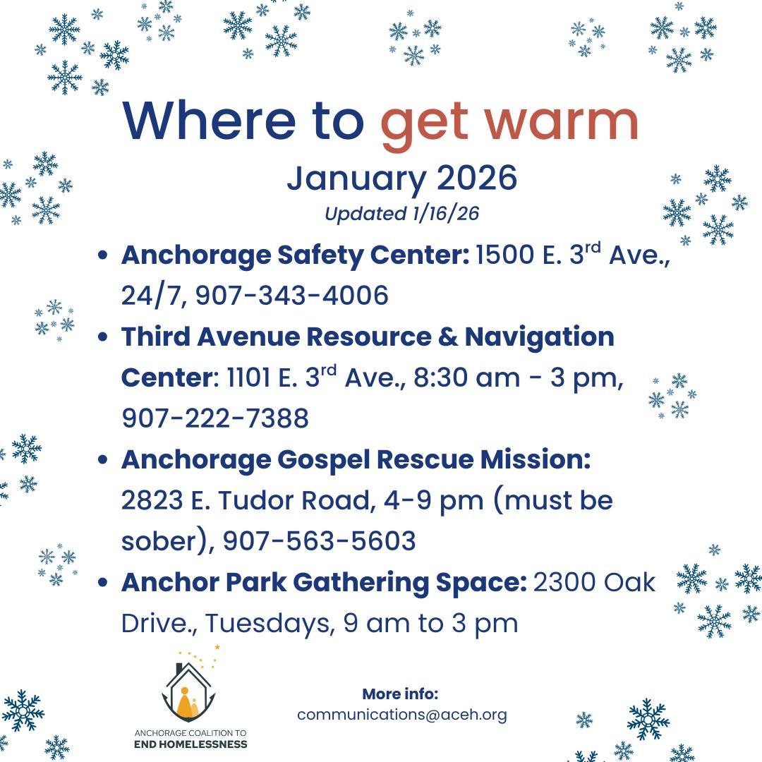 ⚠️ NOTE: The free People Mover rides have ended. Thank you, People Mover for stepping up to help those seeking warmth during those coldest Anchorage days and nights. 💙 ✅ List updated 1/16/26 Here are some places where people can get warm. These spot