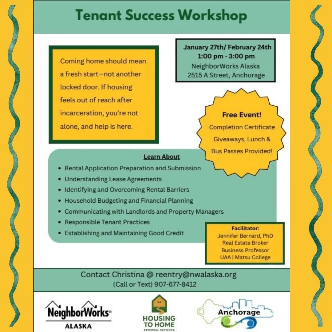Success in housing!

This is a great opportunity happening TODAY at NeighborWorks. 

What: Tenant workshop designed for those who have a criminal record or court record somewhere in their history. No need to sign up ahead of time, doors open at 12:30