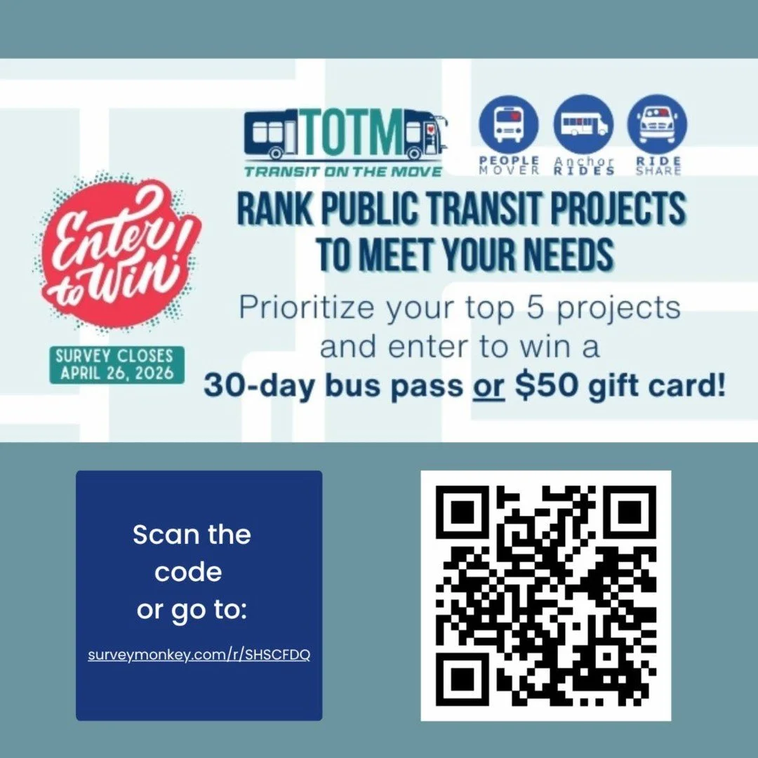 Do you ride on People Mover or would you like to? Let your voice be heard by ranking the public transit projects that best suit your needs! The survey closes this Sunday, April 26, so don't delay. Take part, be involved and enter to win a 30-day bus 