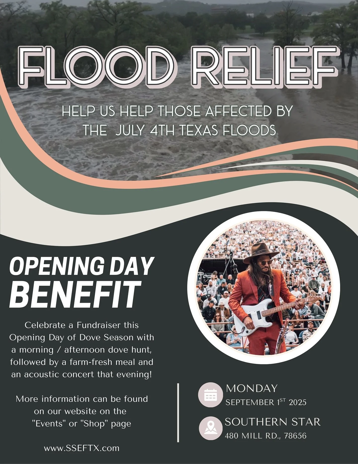 We&rsquo;re filling the fields, the tables, and the night sky with good times this Labor Day 🕊️ 🍔 🎸 

Hunt during the day, dine in the evening, dance under the stars - and help flood recovery efforts here in Texas 

📅 Sept 1st | 🎫 Linked in Bio
