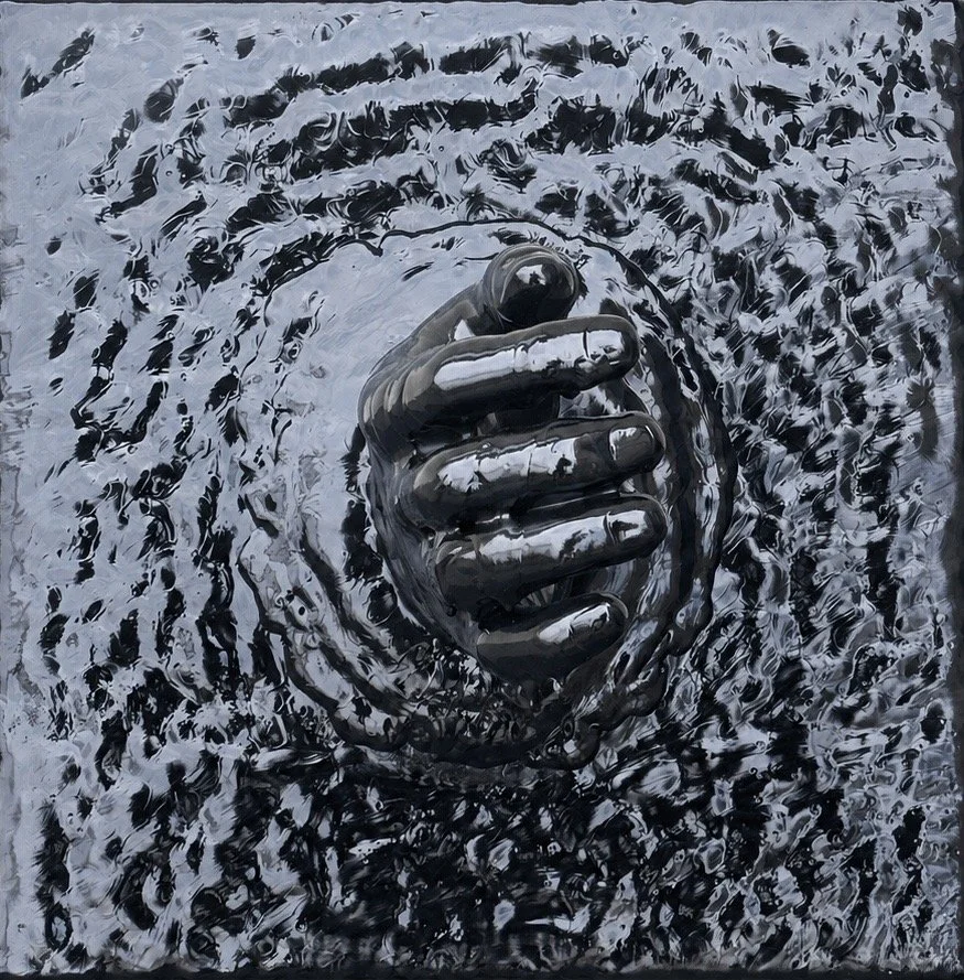 A Helping Hand, 2026. Acrylic, PVC hand on panel. 12 x 12 x 10 inches 