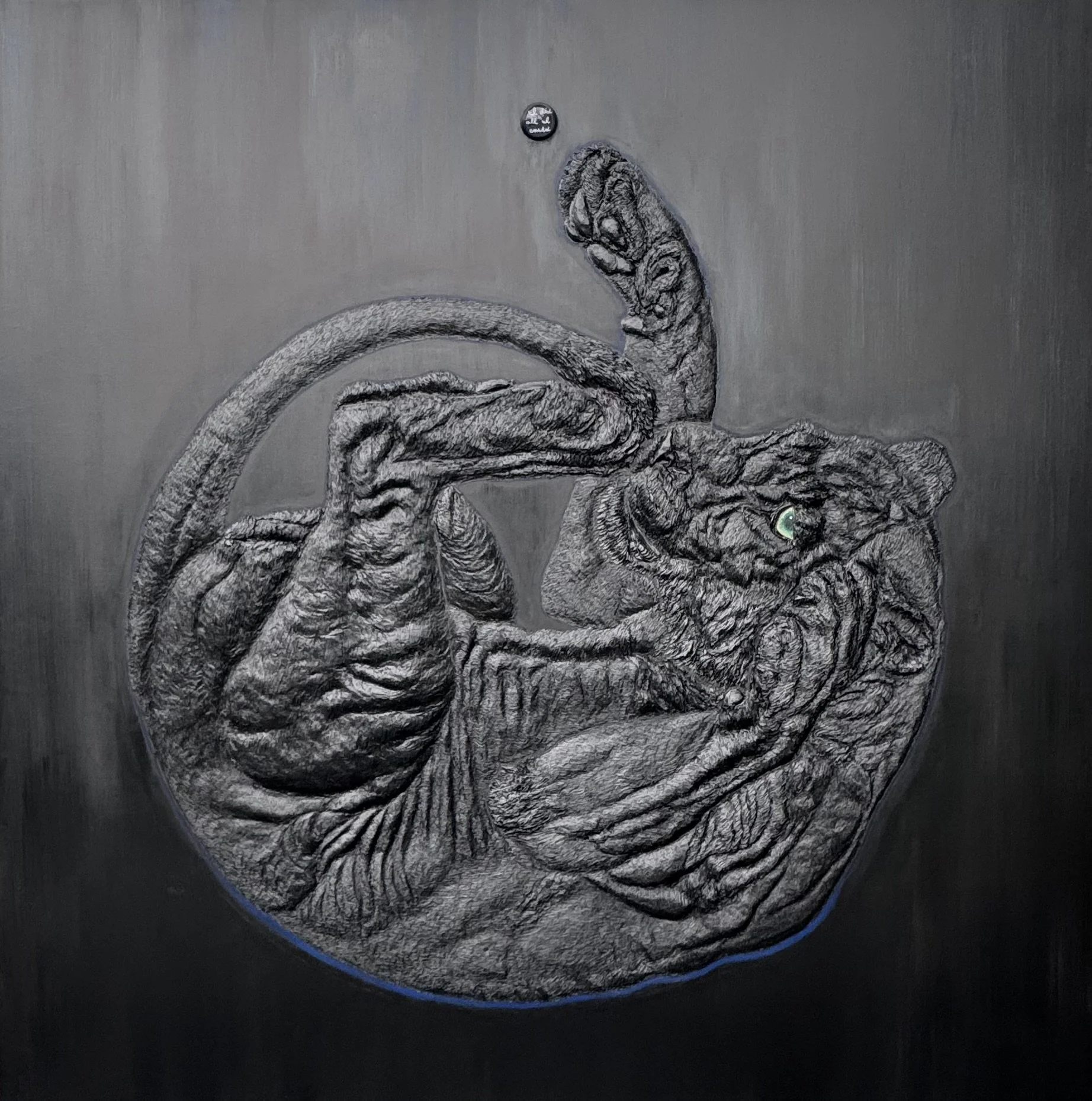 Requiem for a Dying Mother, 2006. Oil and glass dome with text elements on panel. 60 x 60 inches